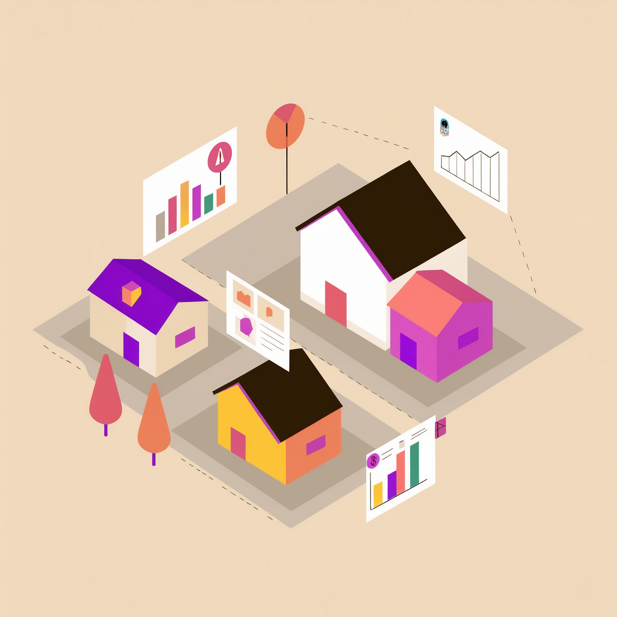 An illustration of three houses with spatial charts and graphs around the houses indicating spatial analytics.
