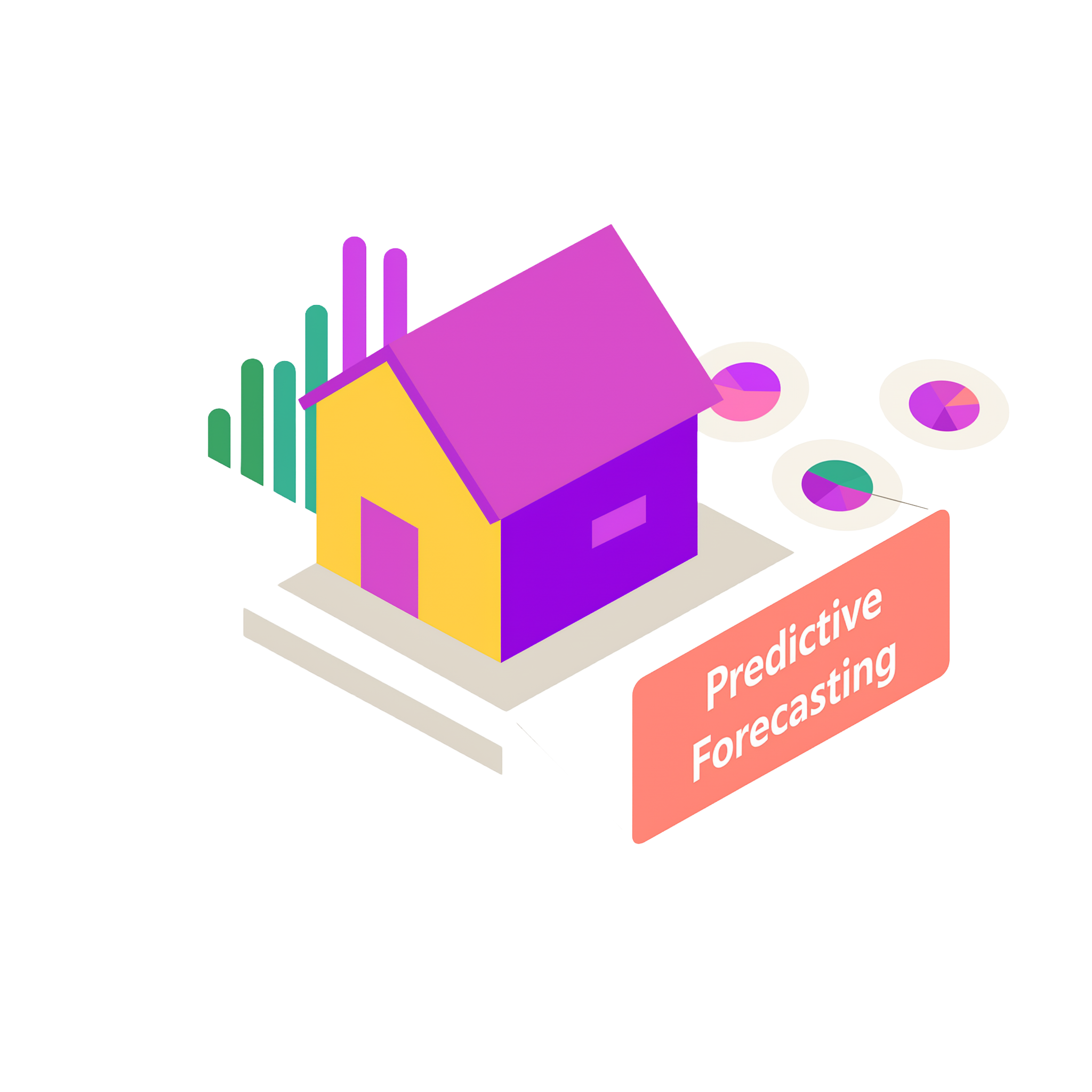 An illustration of a house with data around it and a sign in front that reads "Predictive Forecasting."