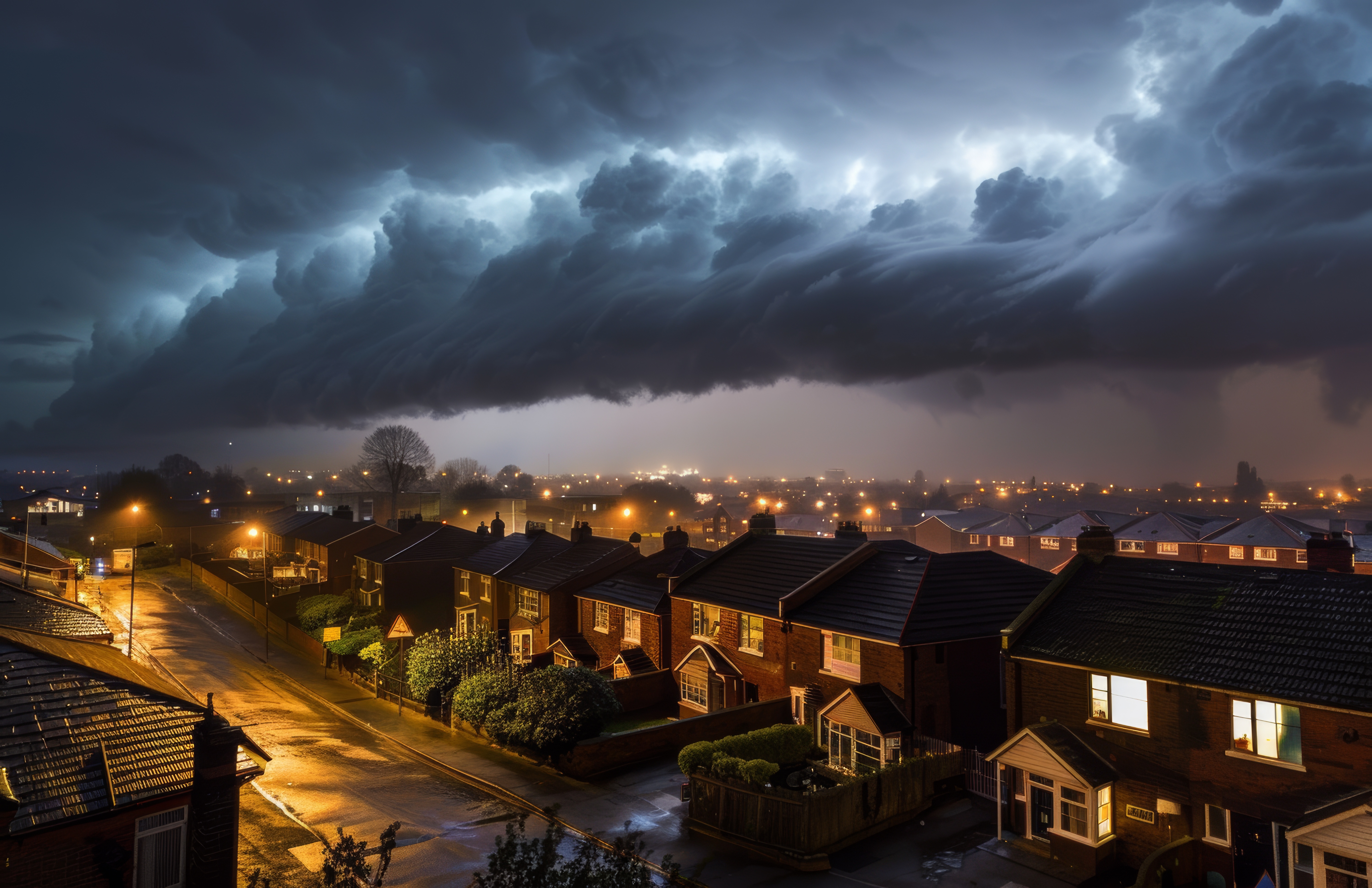 Severe weather storm clouds with lightning over residential homes, illustrating property-level weather exposure.