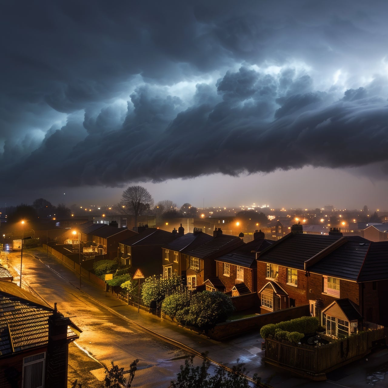 Severe weather storm clouds with lightning over residential homes, illustrating property-level weather exposure.