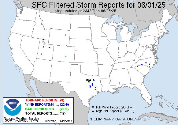 overview map of hail hits from a Texas storm.