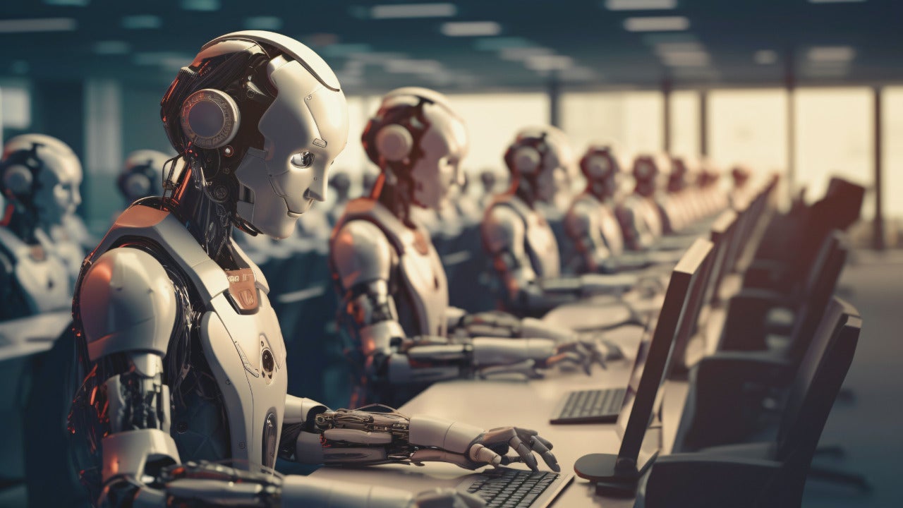 An illustration of humanoid robots making phone calls at a call center