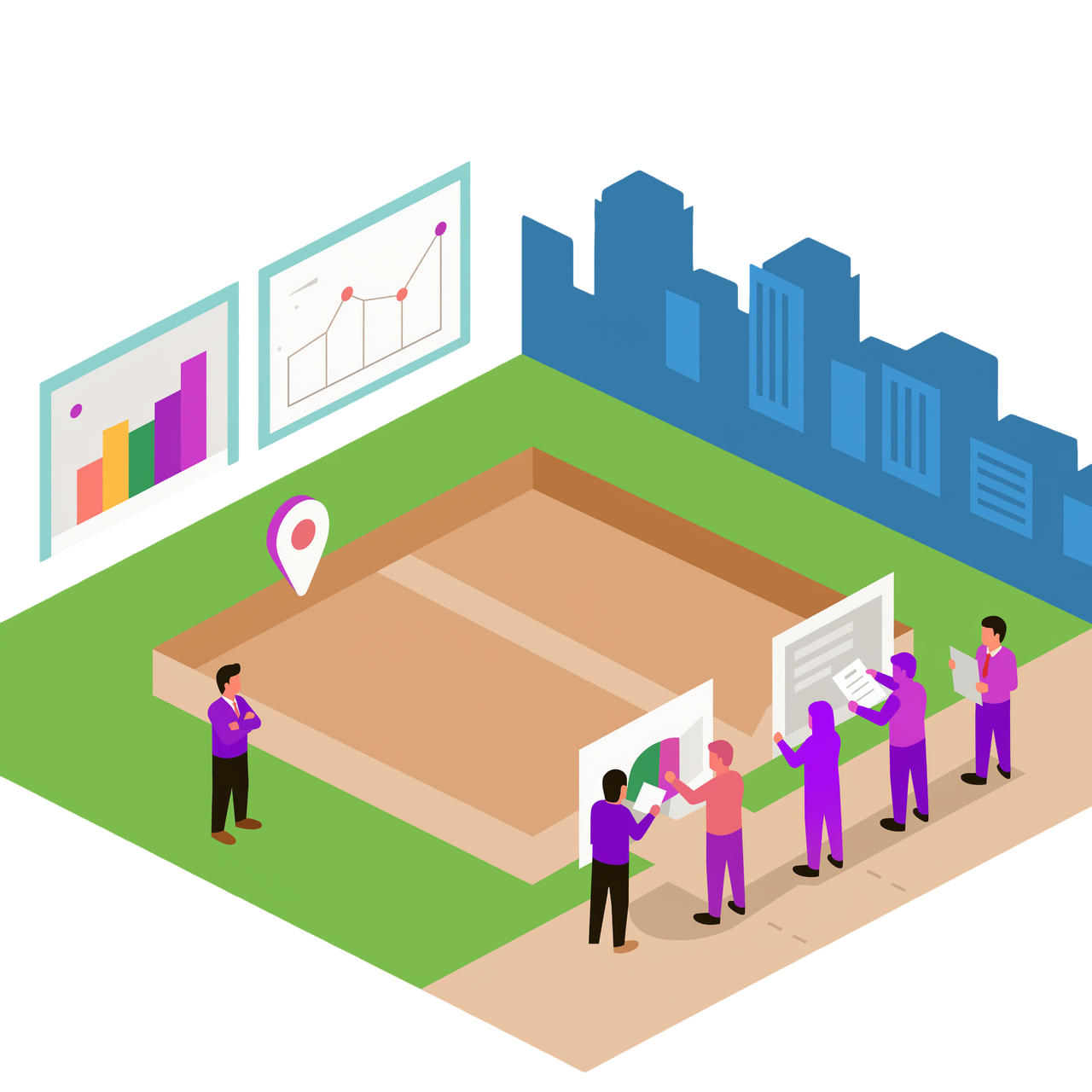 Illustration of developers researching sites for development and a lone businessman watching them with a city in the background.