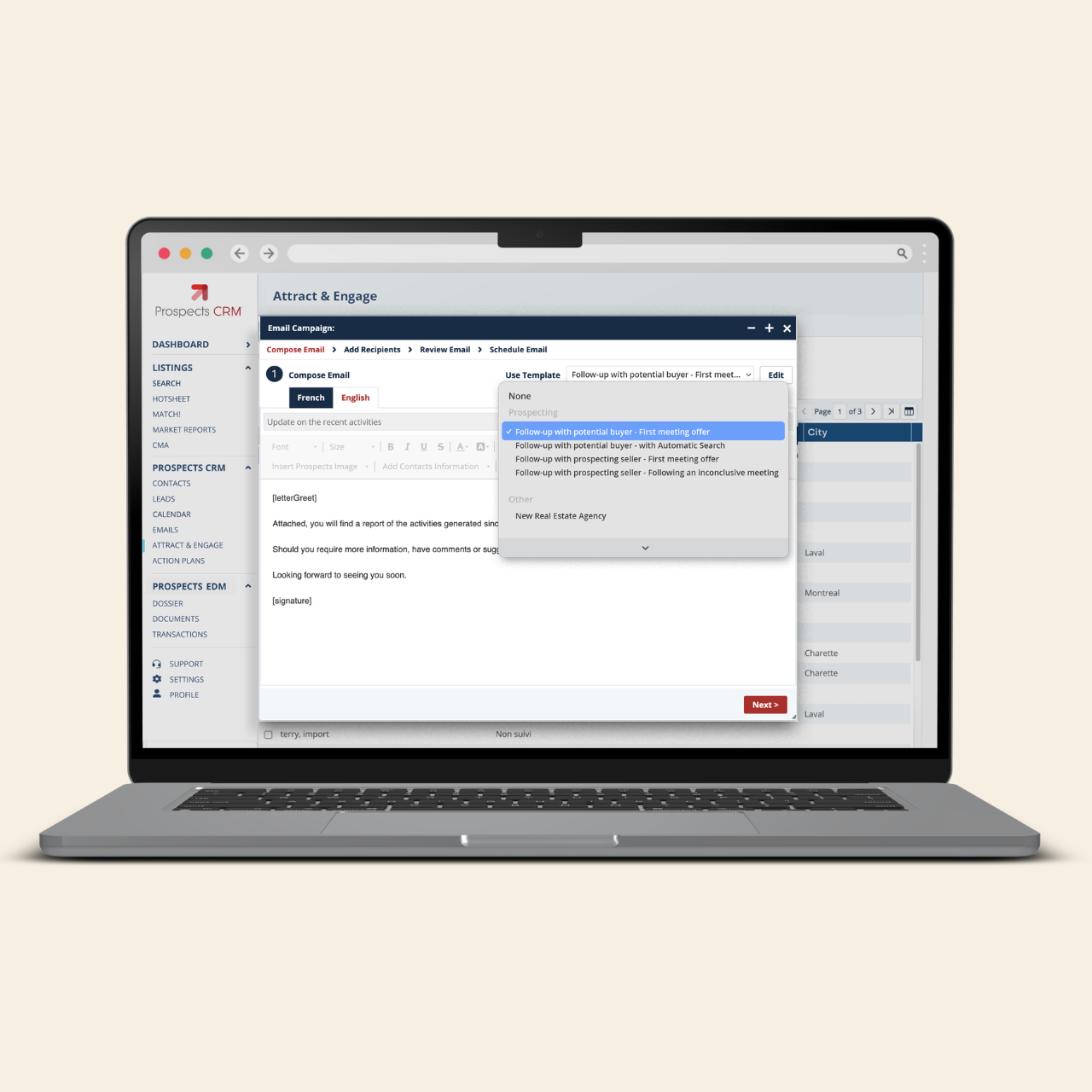A laptop displaying an list of email templates