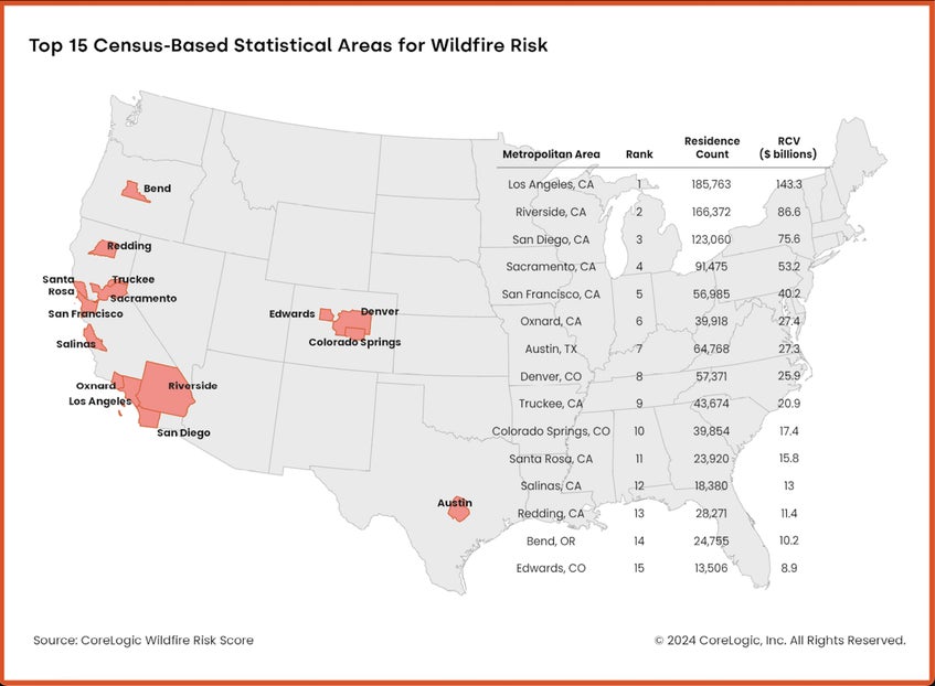 Top 15 CBSAs with wildfire risk Map