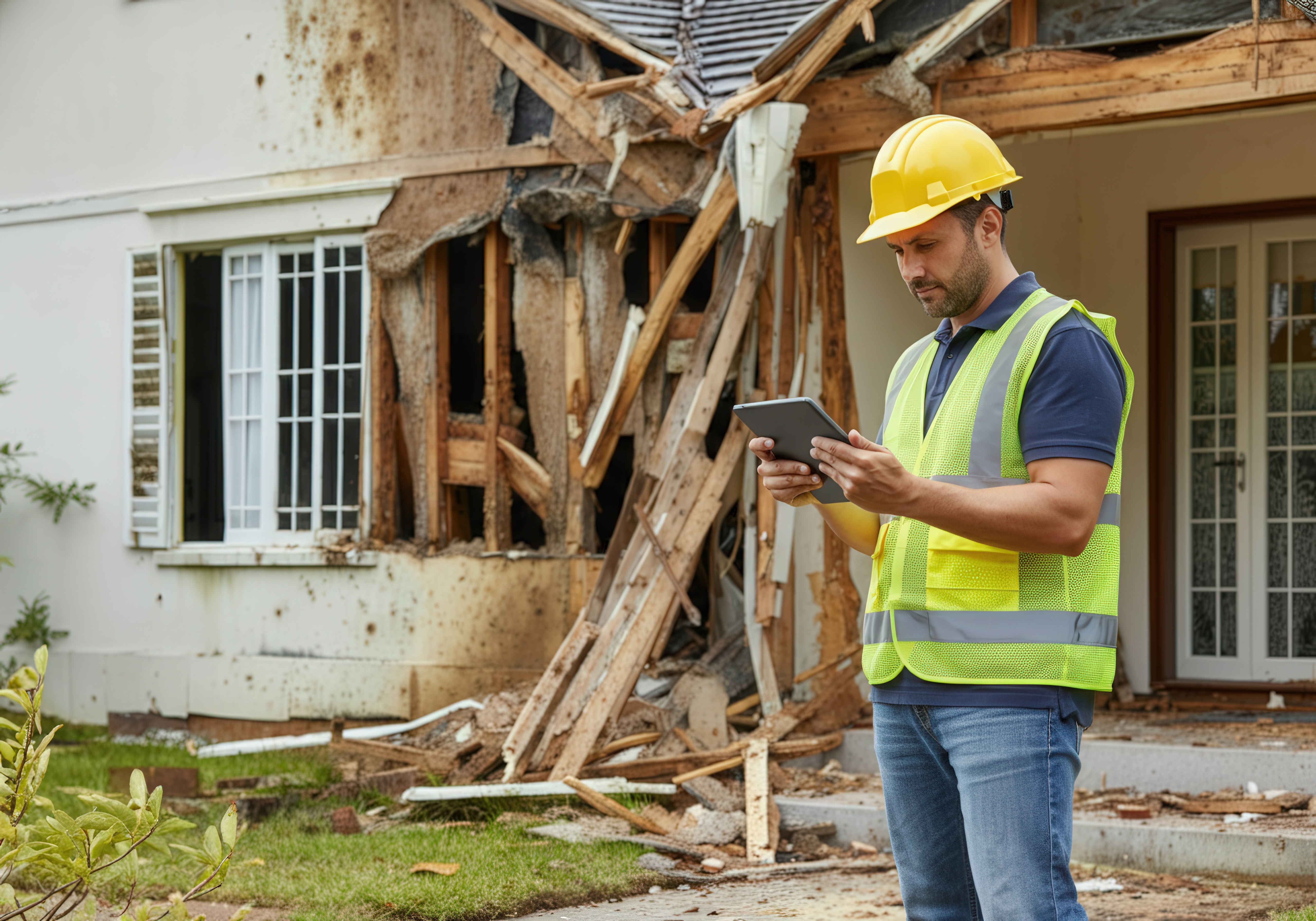A man in a construction hat and vest viewing a tablet in front of a damaged house