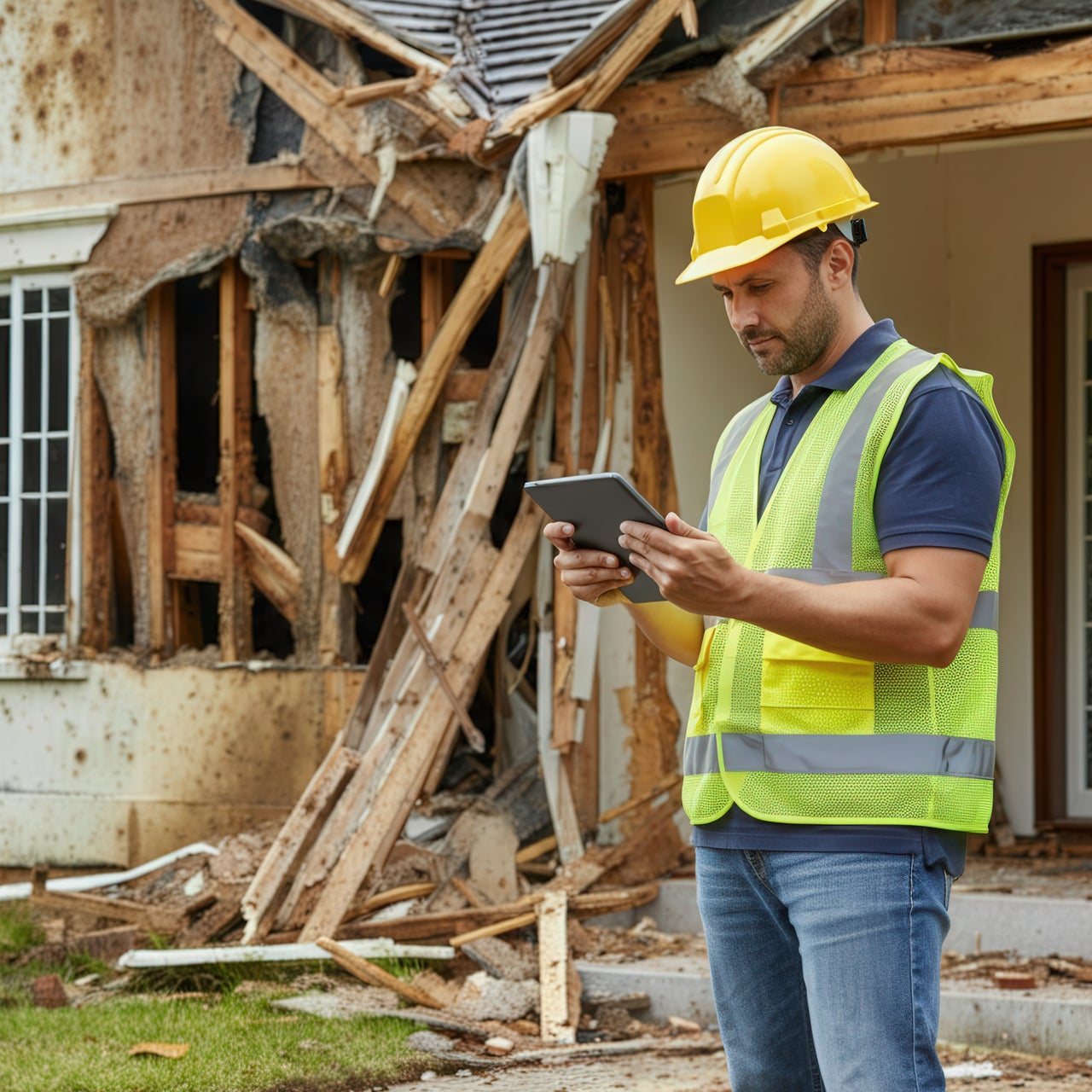 A man standing with an ipad in front of a damaged house.