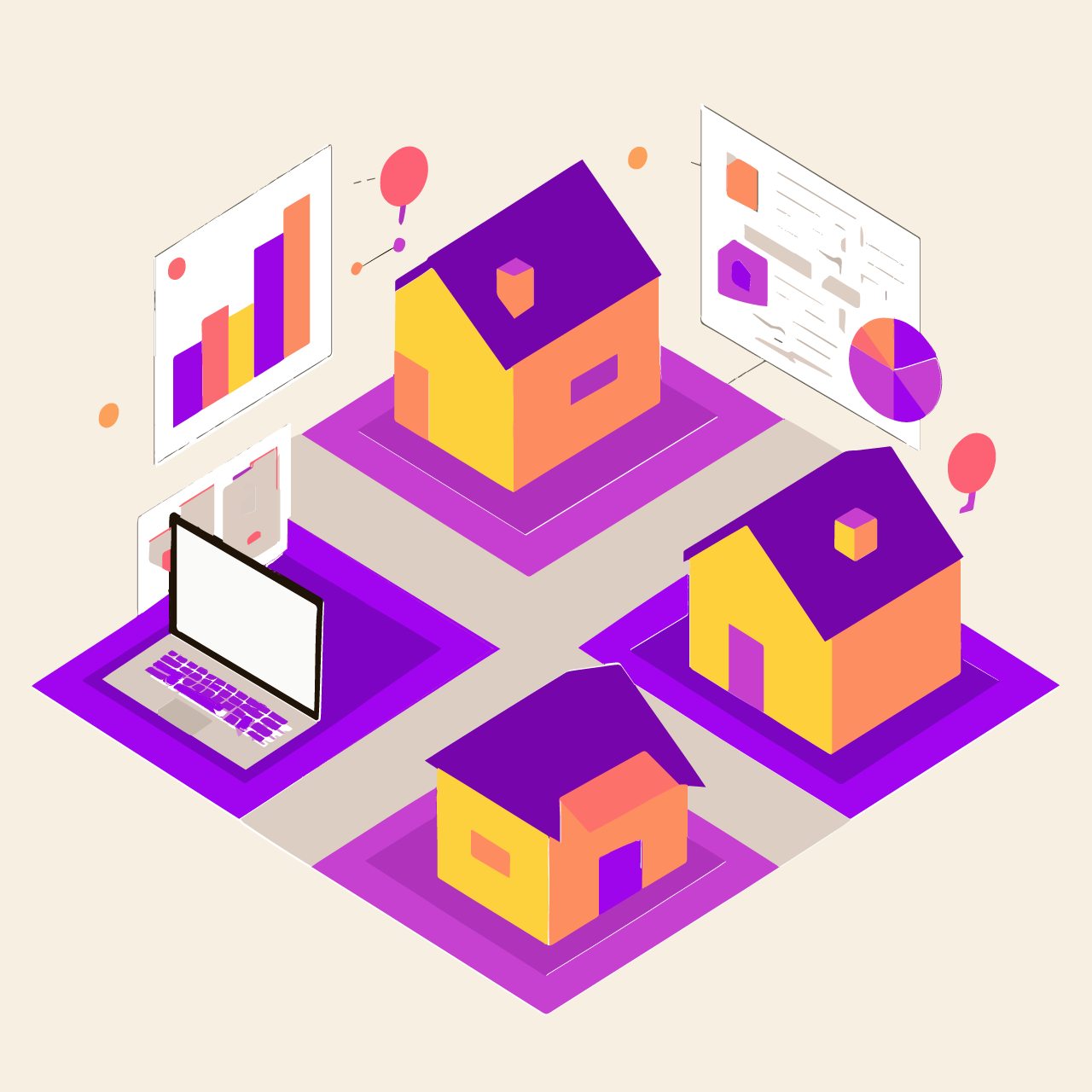 Illustration of a few houses with an open laptop indicating neighborhood real estate data.