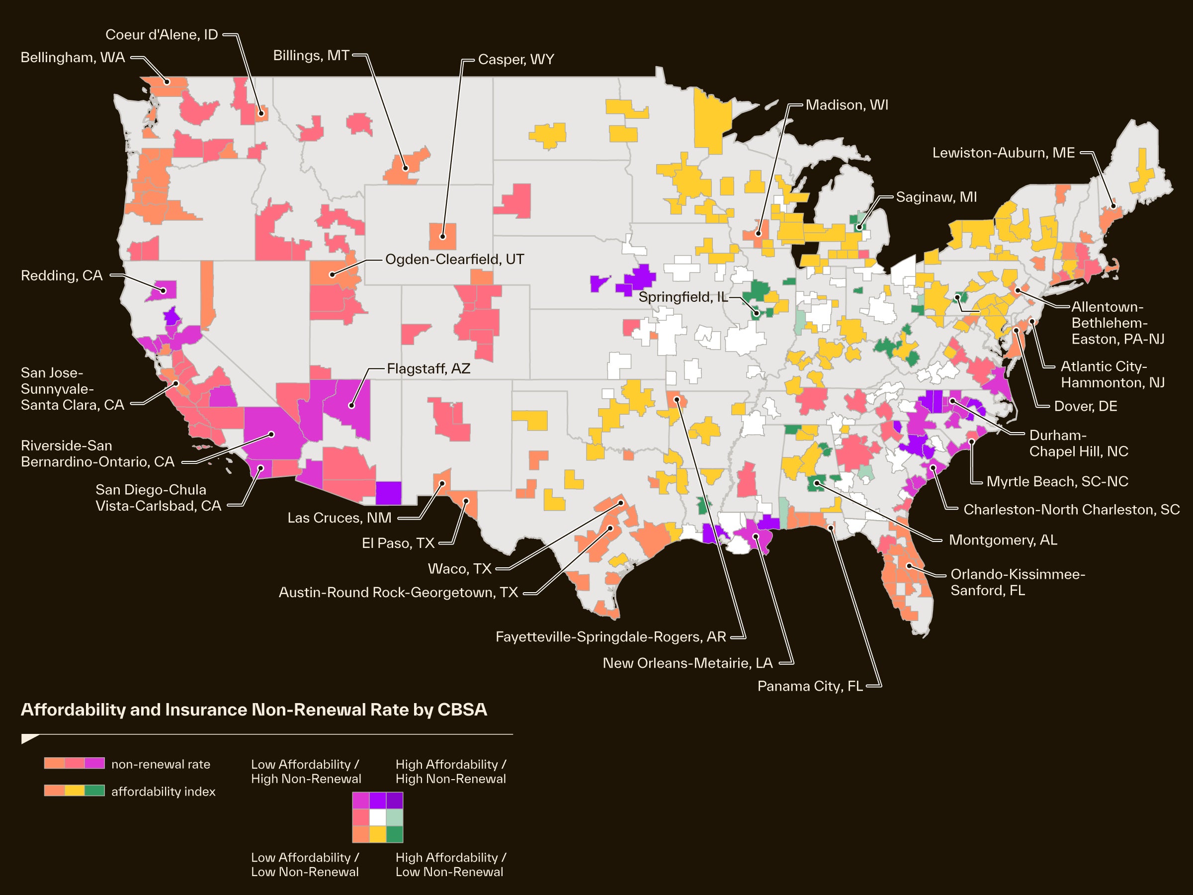 Map of United States showing Affodability and Insurance Non-Renewal Rate by CBSA