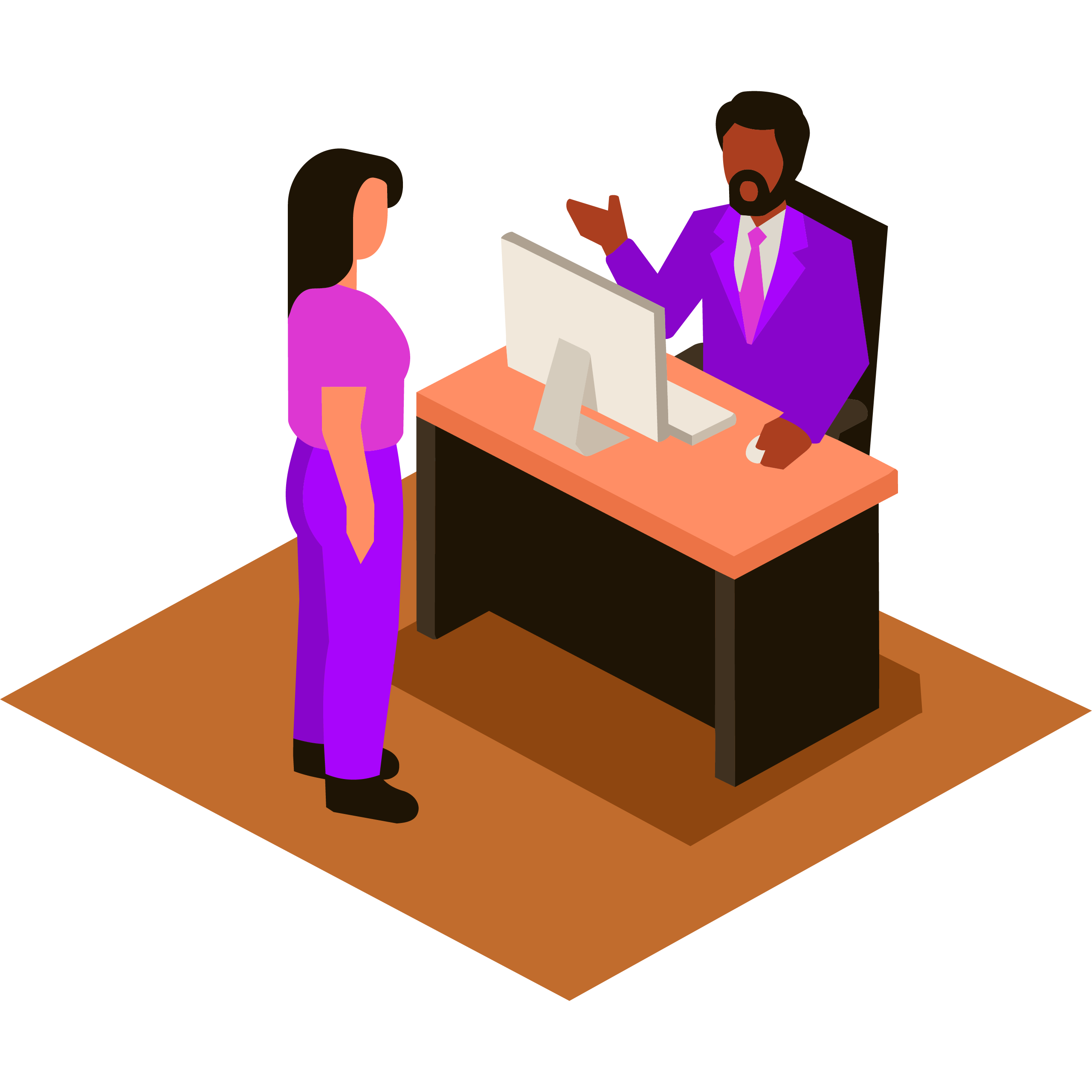 Illustration of a business man sitting at a desk with a computer and a woman standing in front of the desk