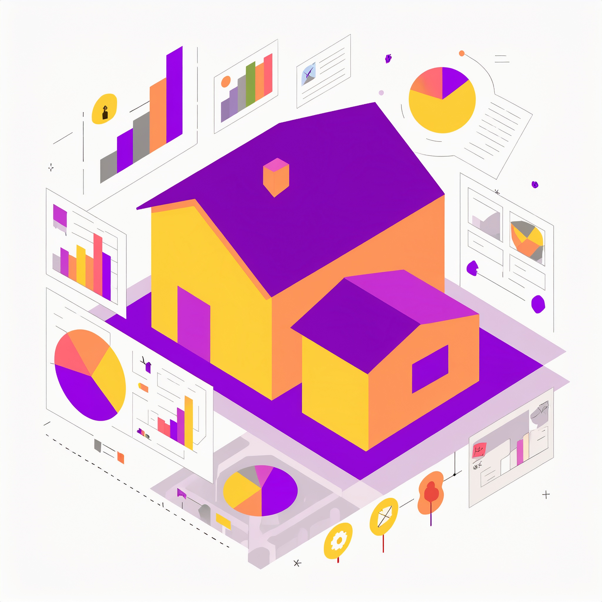 Illustration of a large house with charts and graph icons around it indicating property characteristic data.