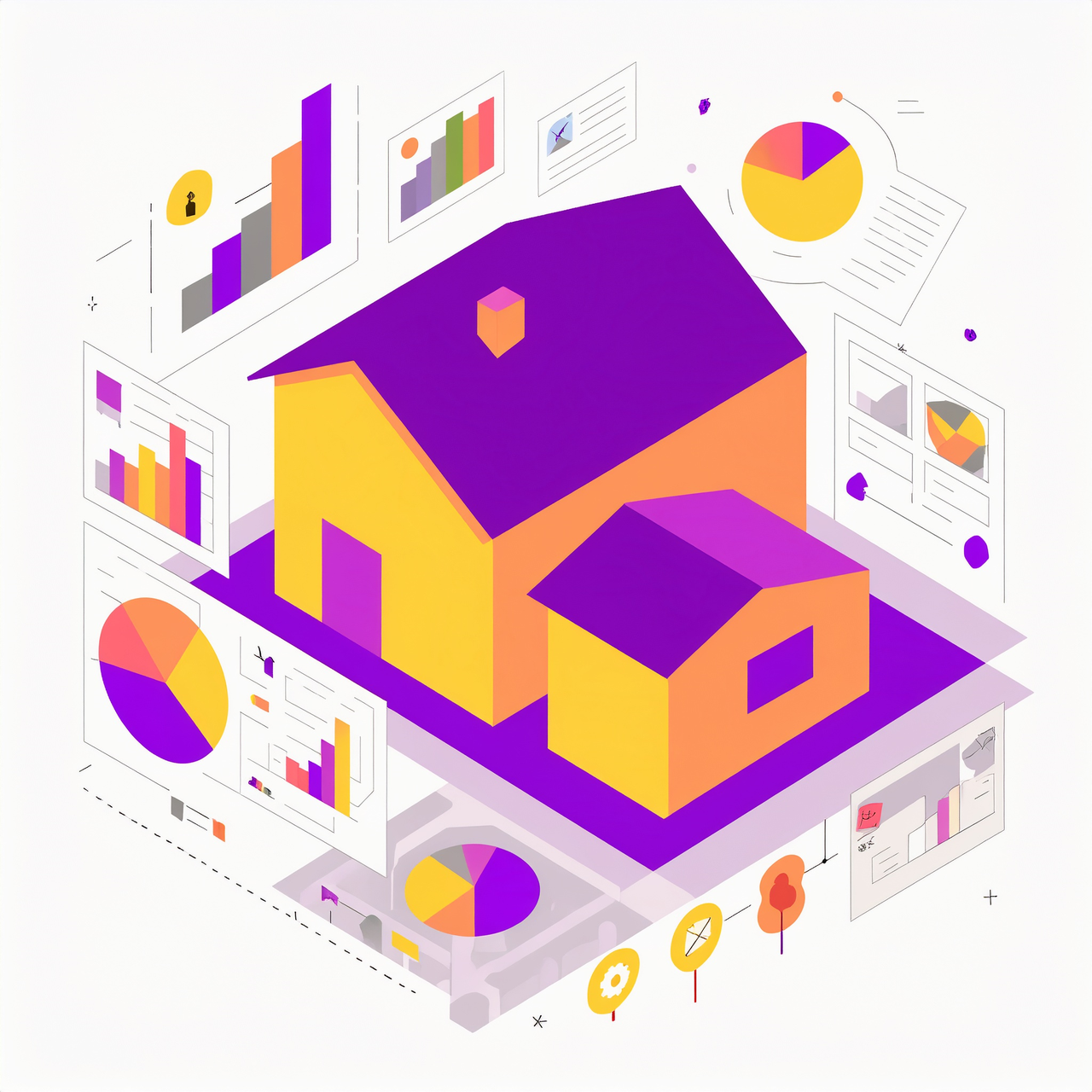 Illustration of a large house with charts and graph icons around it indicating property characteristic data.