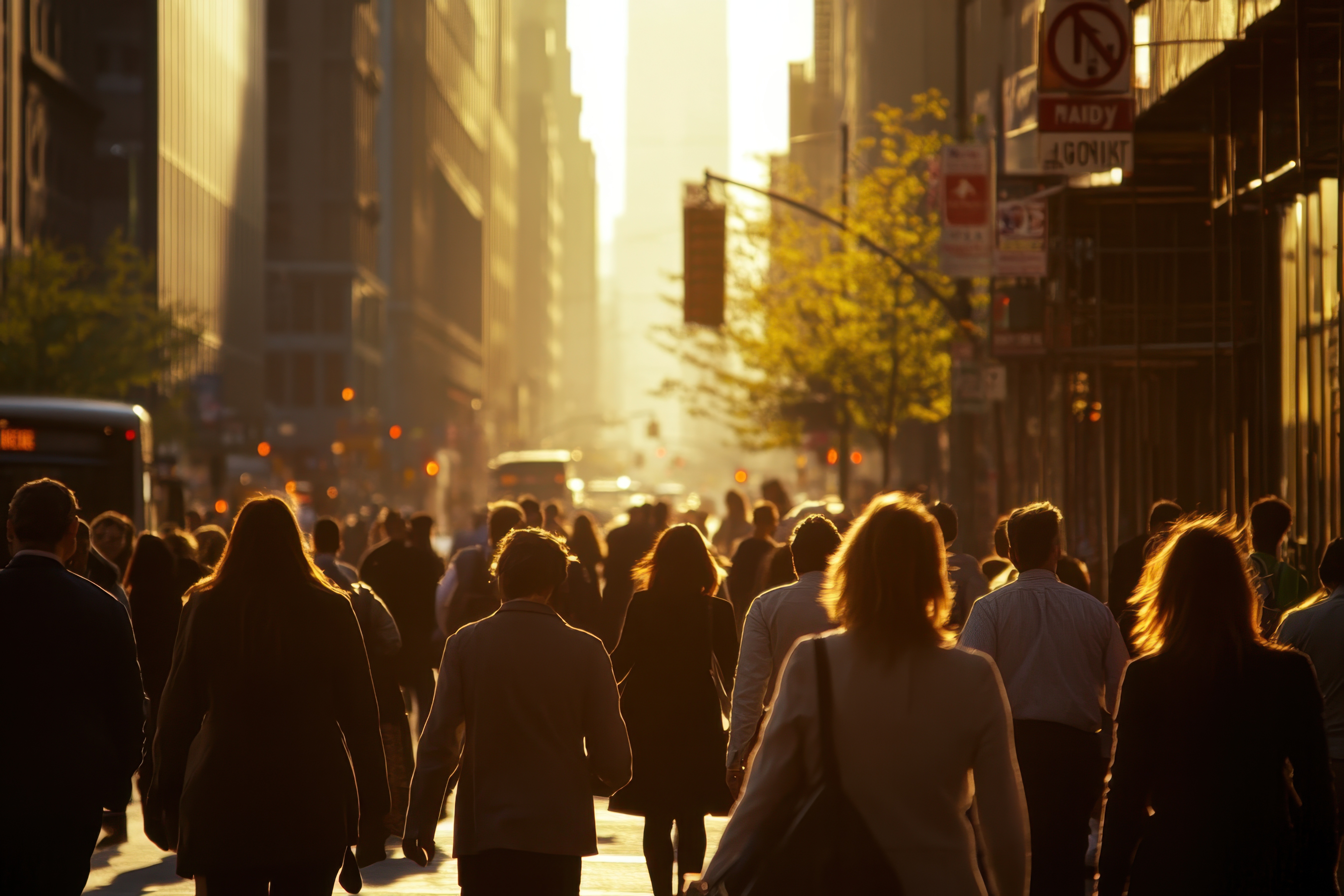 People walking on a city street during the dawn.