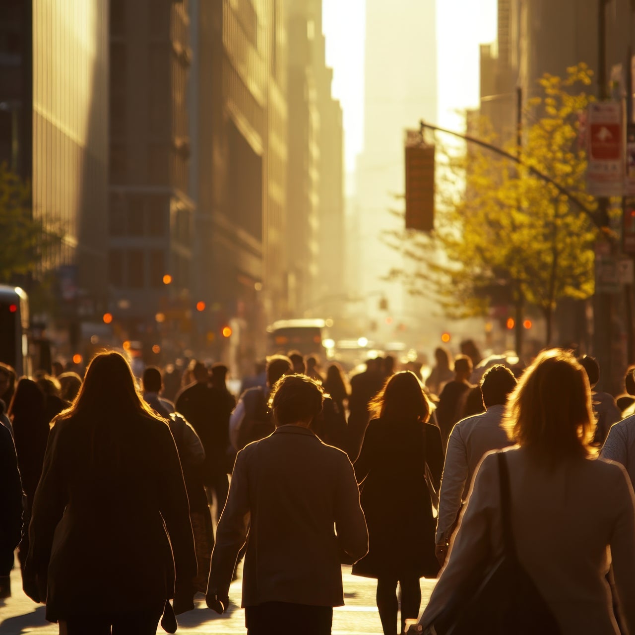 People walking on a city street during the dawn.
