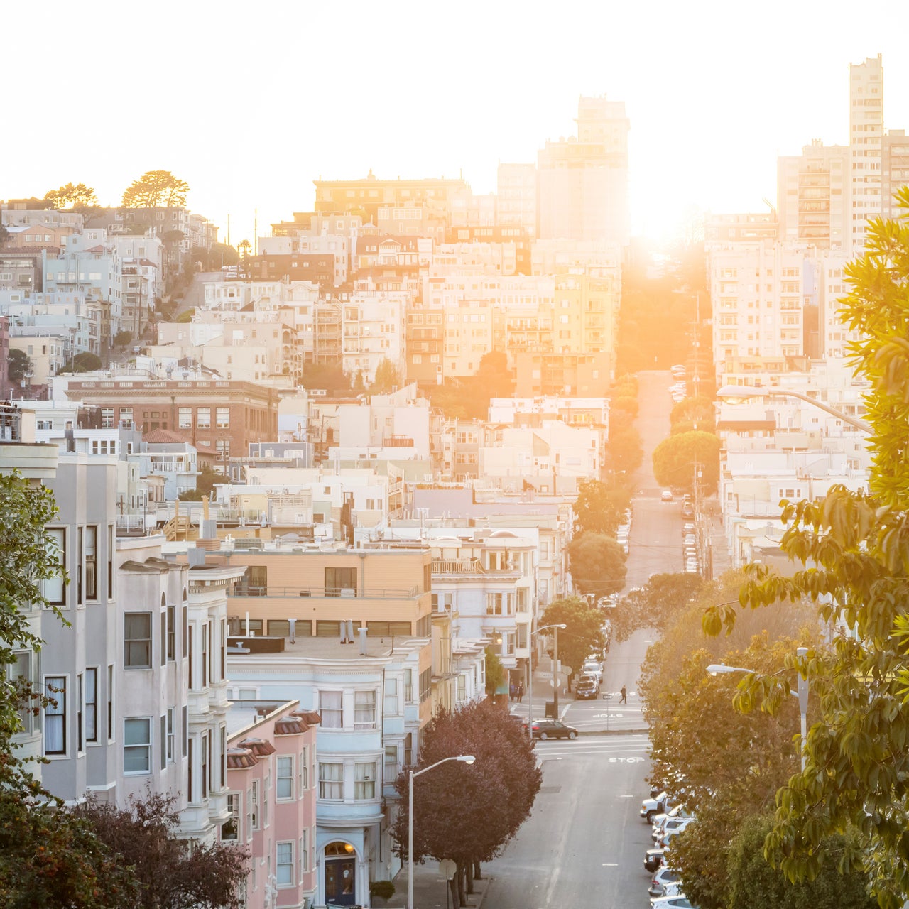 A cityscape characterized by its steep hills and dense urban development.