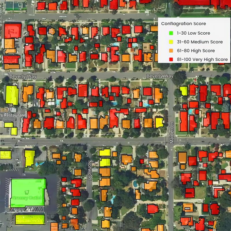 An example chart showing conflagration risk on an aerial view of an urban city