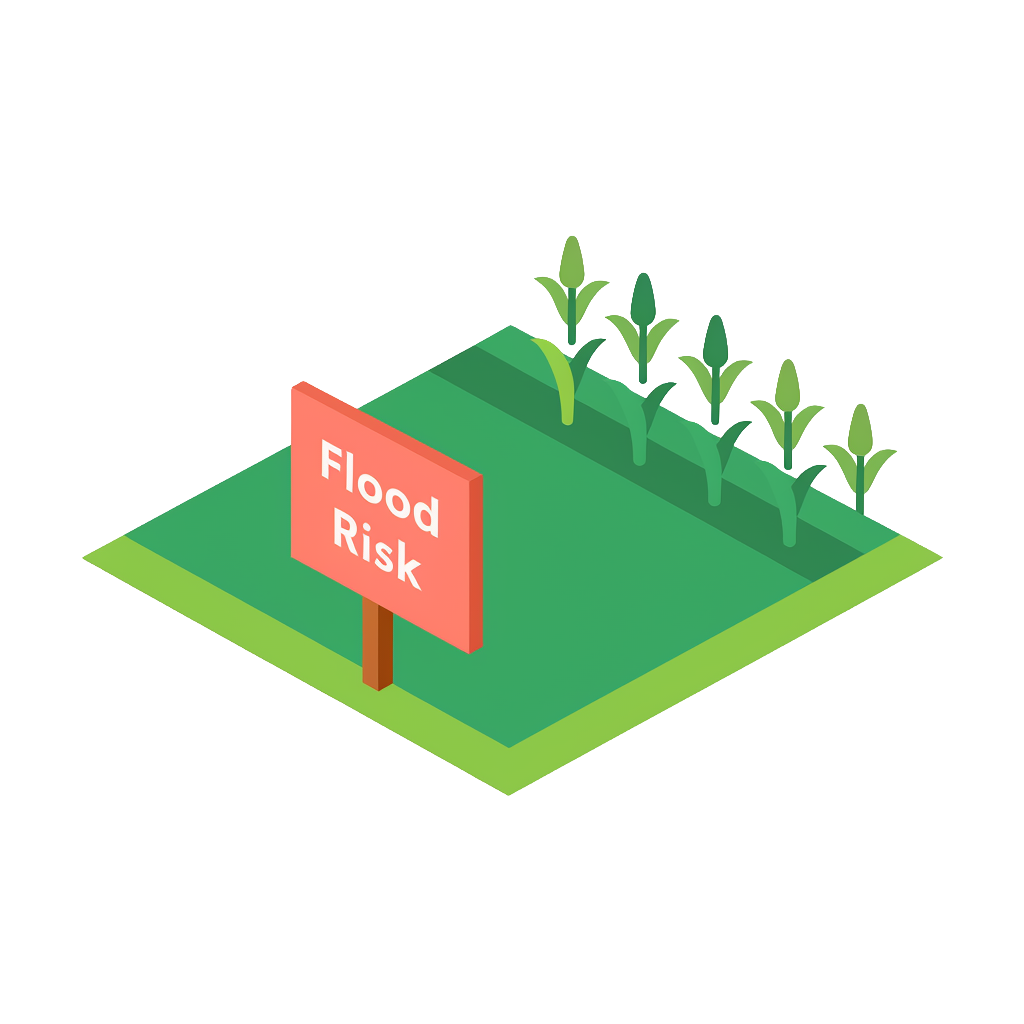 An illustration of a parcel of farmland with crops and a sign that reads "Flood Risk."