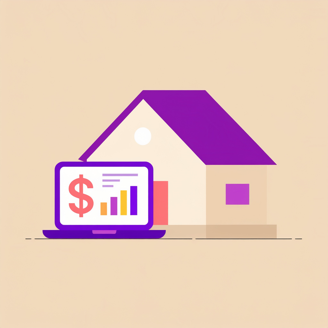 An illustration of a house with an open laptop that has a dollar sign and bar graph on the screen for home value.
