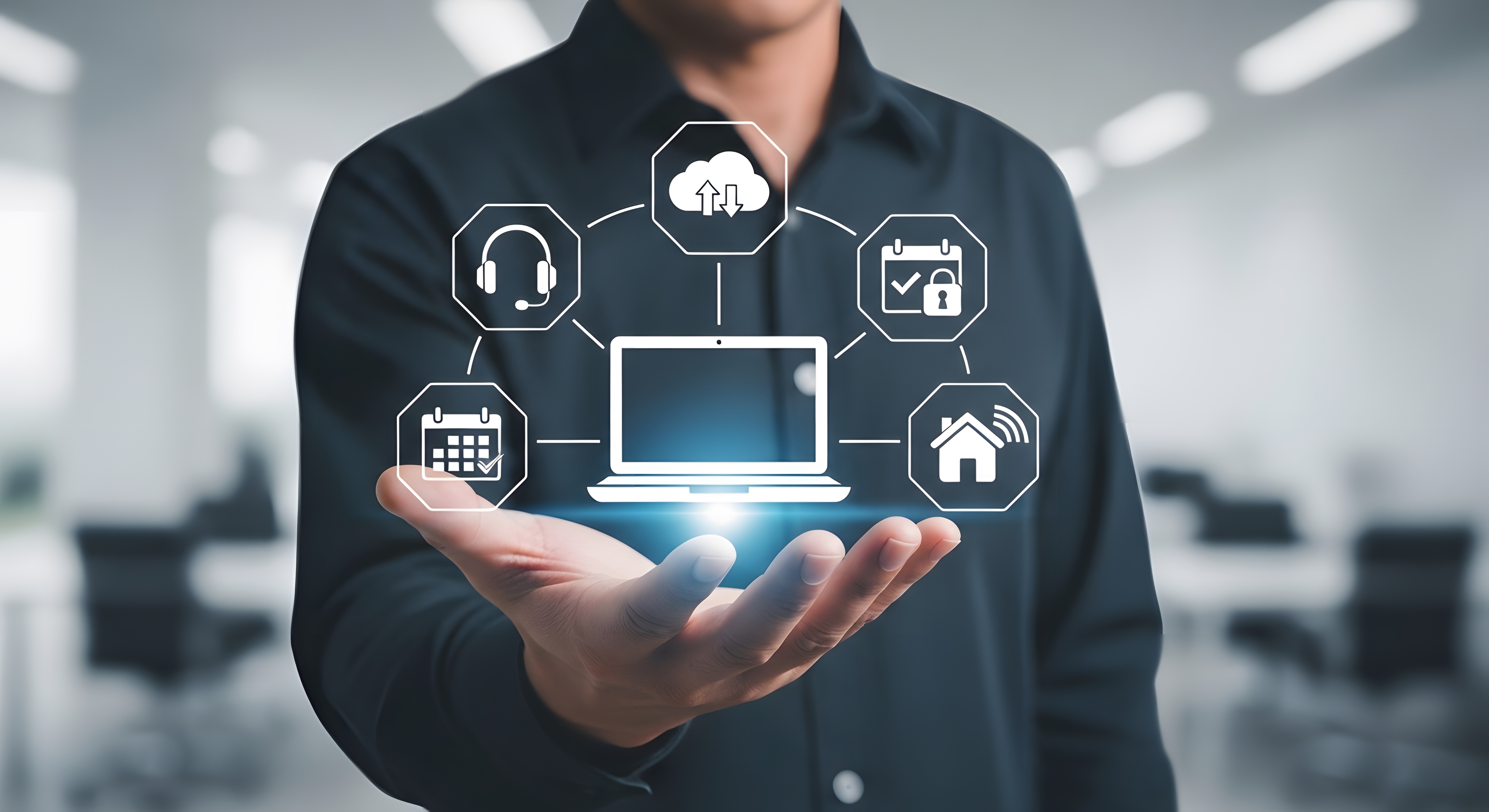 Man holding out hand with images of computer and interconnected AI components