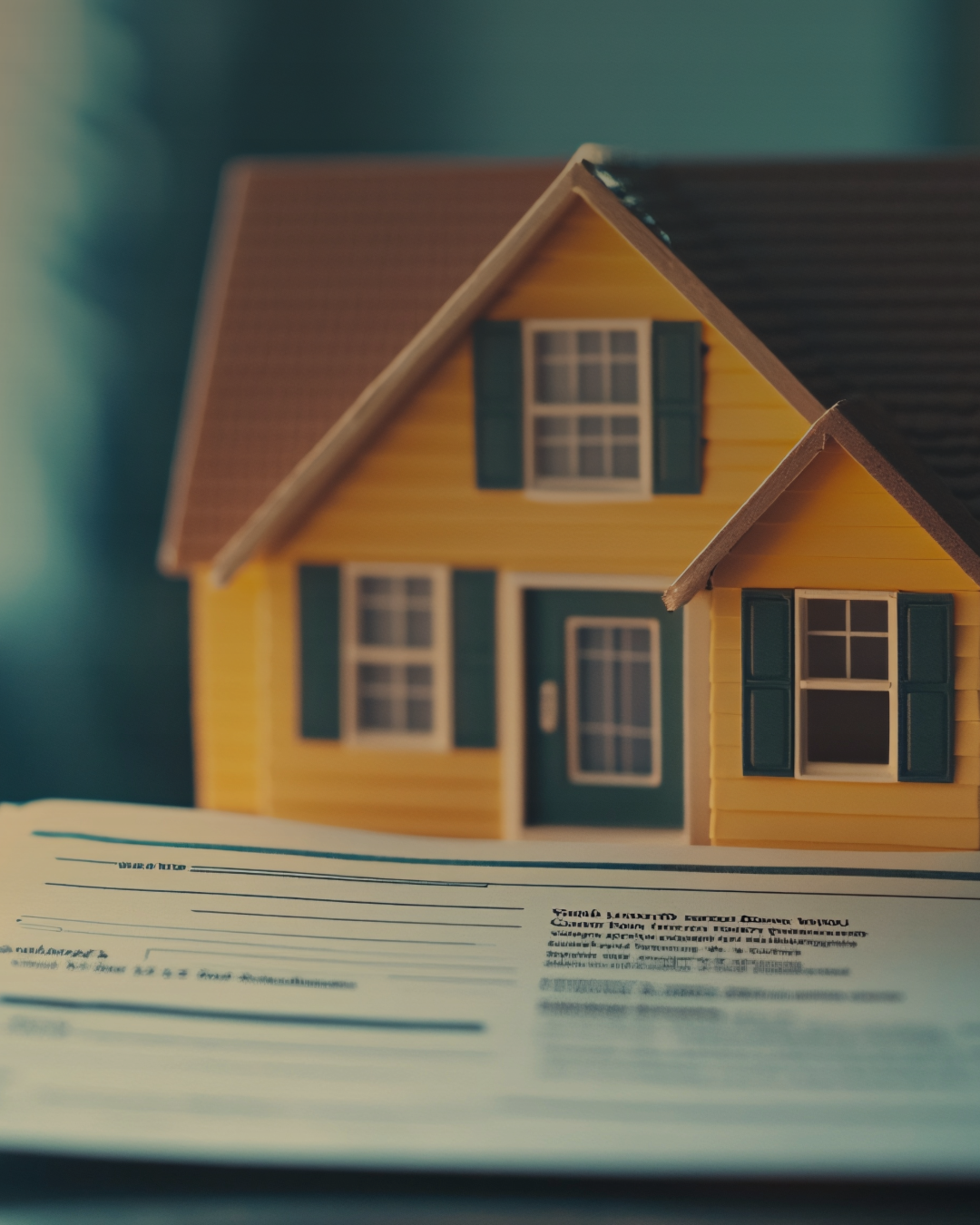 A house with late mortgage documents laid out in front of it.