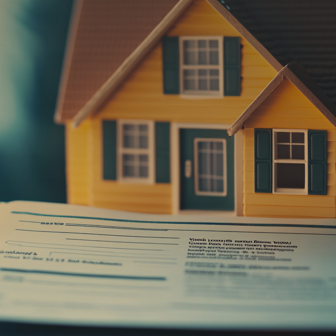 A house with late mortgage documents laid out in front of it.