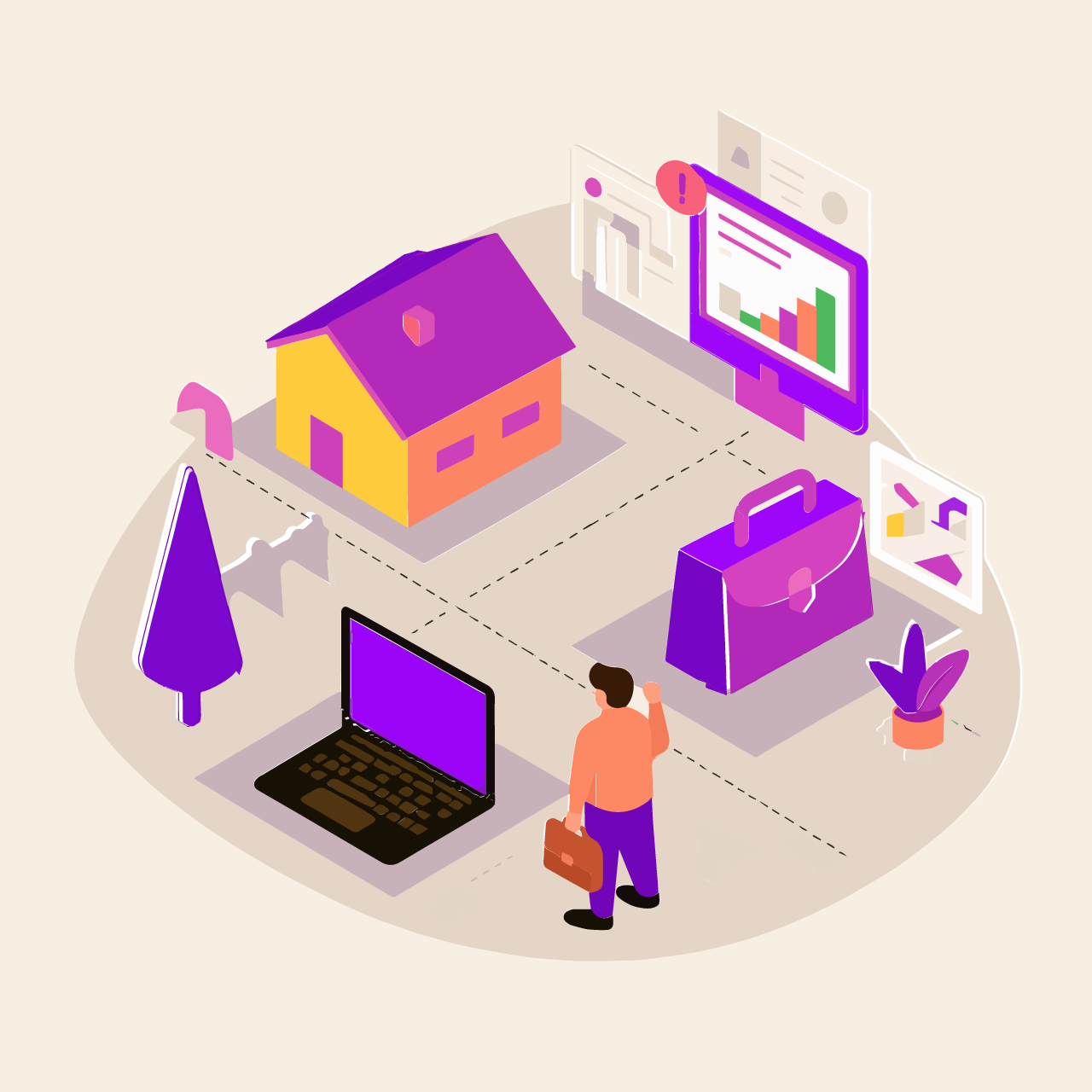 Illustration of a house, laptop, and a man with a briefcase indicating neighborhood employment data.