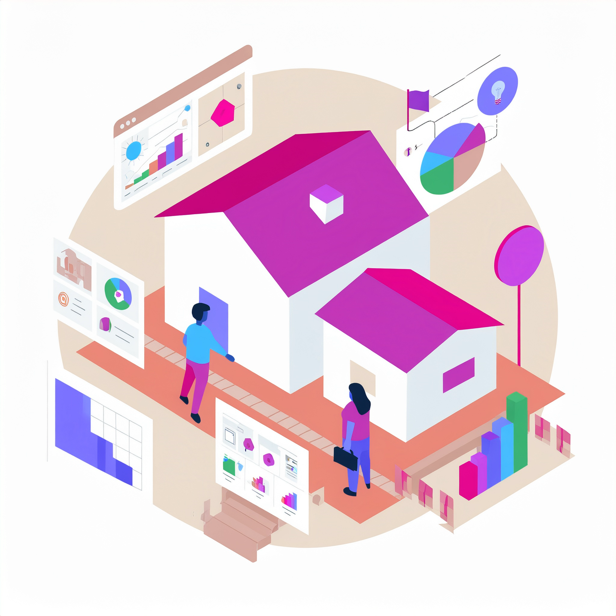 Illustration of a man and woman standing in front of a house with charts and graphs around showing mortgage market analytics.
