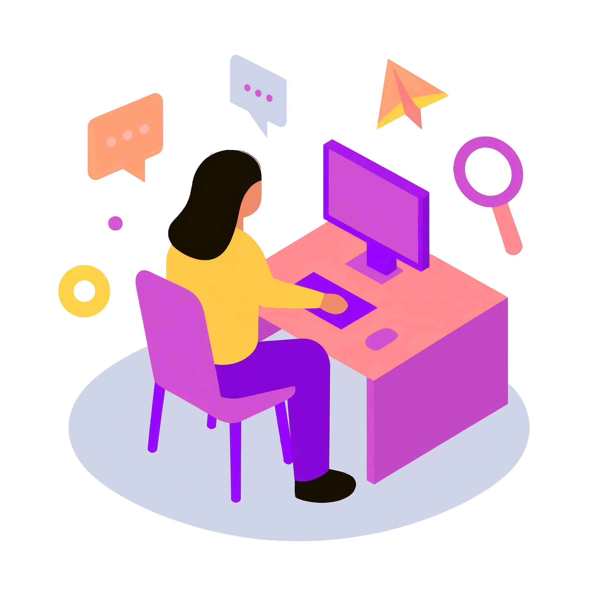 An illustration of a woman sitting behind a desk with a computer and search icons around her.