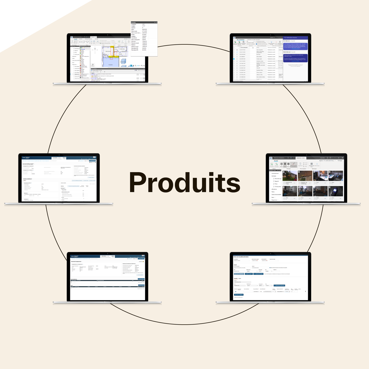 Laptop screens arranged in a circular pattern around the text "Platforms and Products," each displaying different software interfaces like dashboards, maps, forms, and data tables.