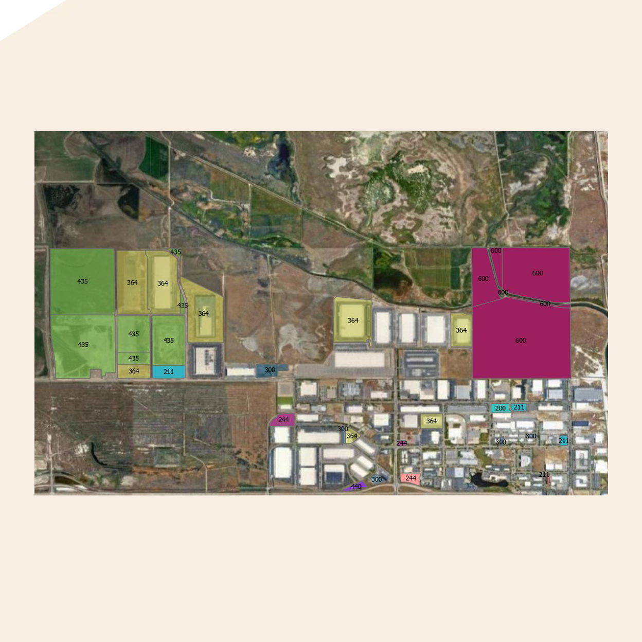  An aerial view of large parcels of land with some being highlighted and having data displayed.