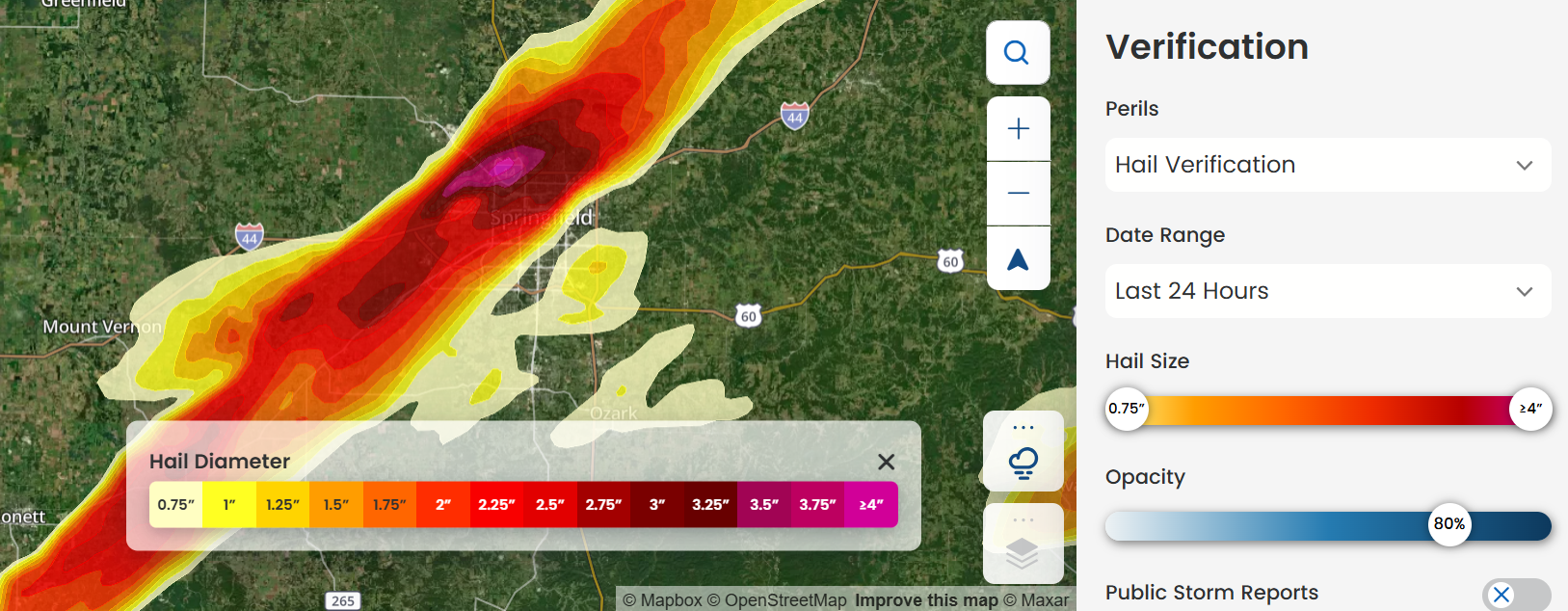 Map of Cotality Insight for Springfield Missouri, hail verification