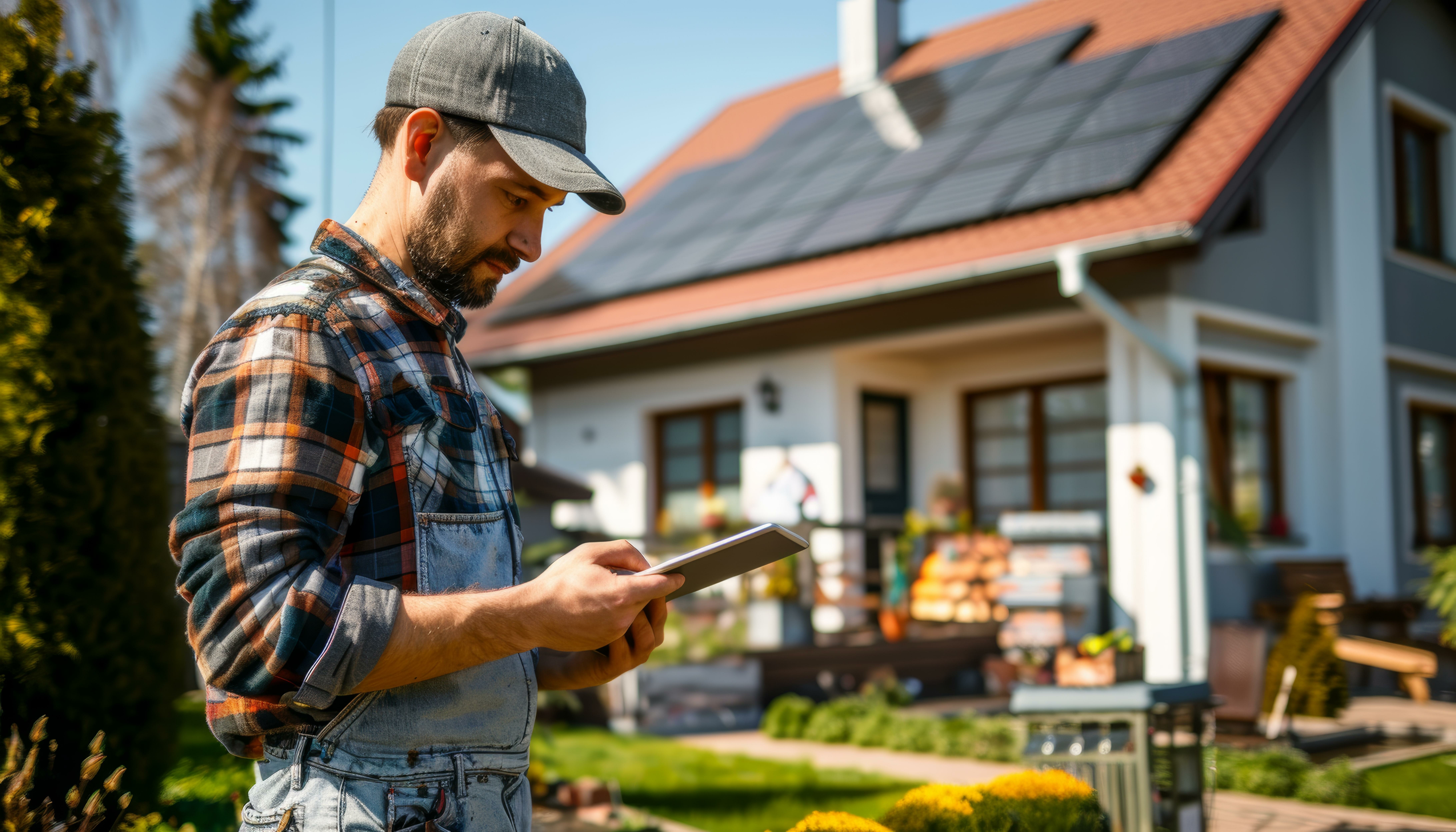 A homeowner looking at his phone with solar panels in the background, showing grid modernization and renewable energy.