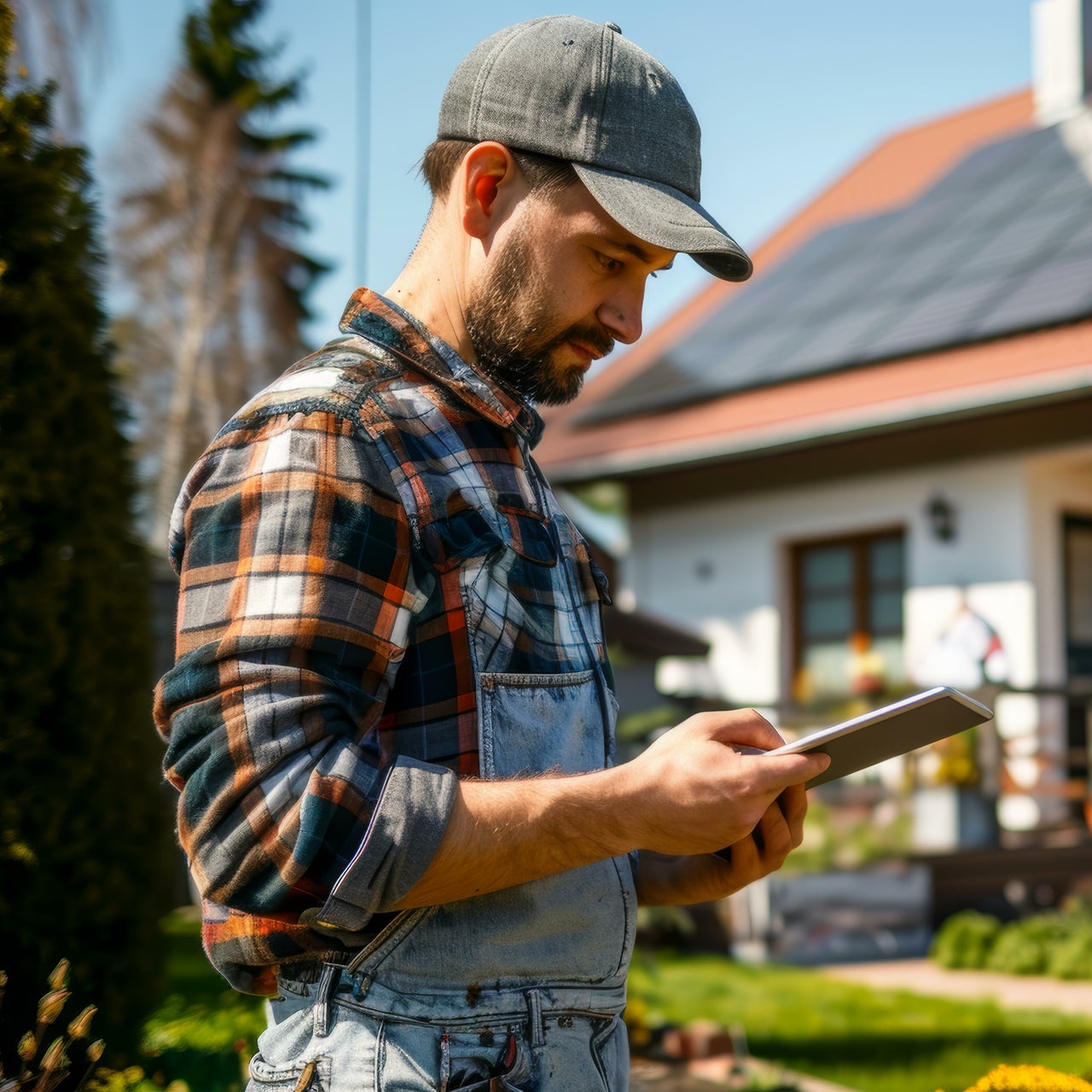 A homeowner looking at his phone with solar panels in the background, showing grid modernization and renewable energy.