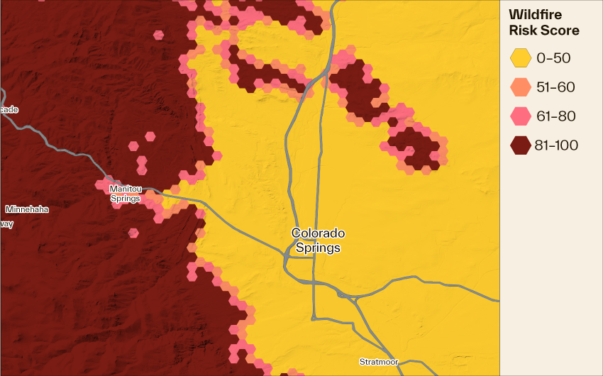 map of residential properties and their wildfire risk score in the Flagstaff, Arizona Metropolitan Area 