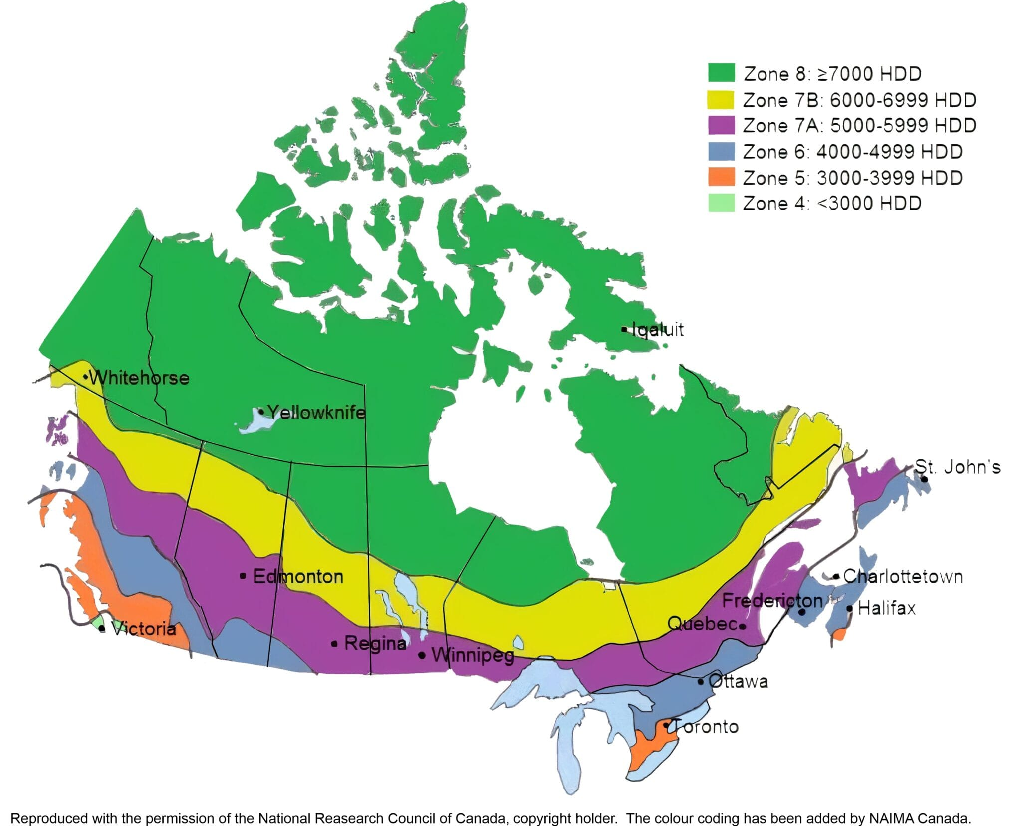 Climate zone map of Canada showing color-coded heating degree day (HDD) regions, ranging from under 3,000 HDD to more than 7,000 HDD.