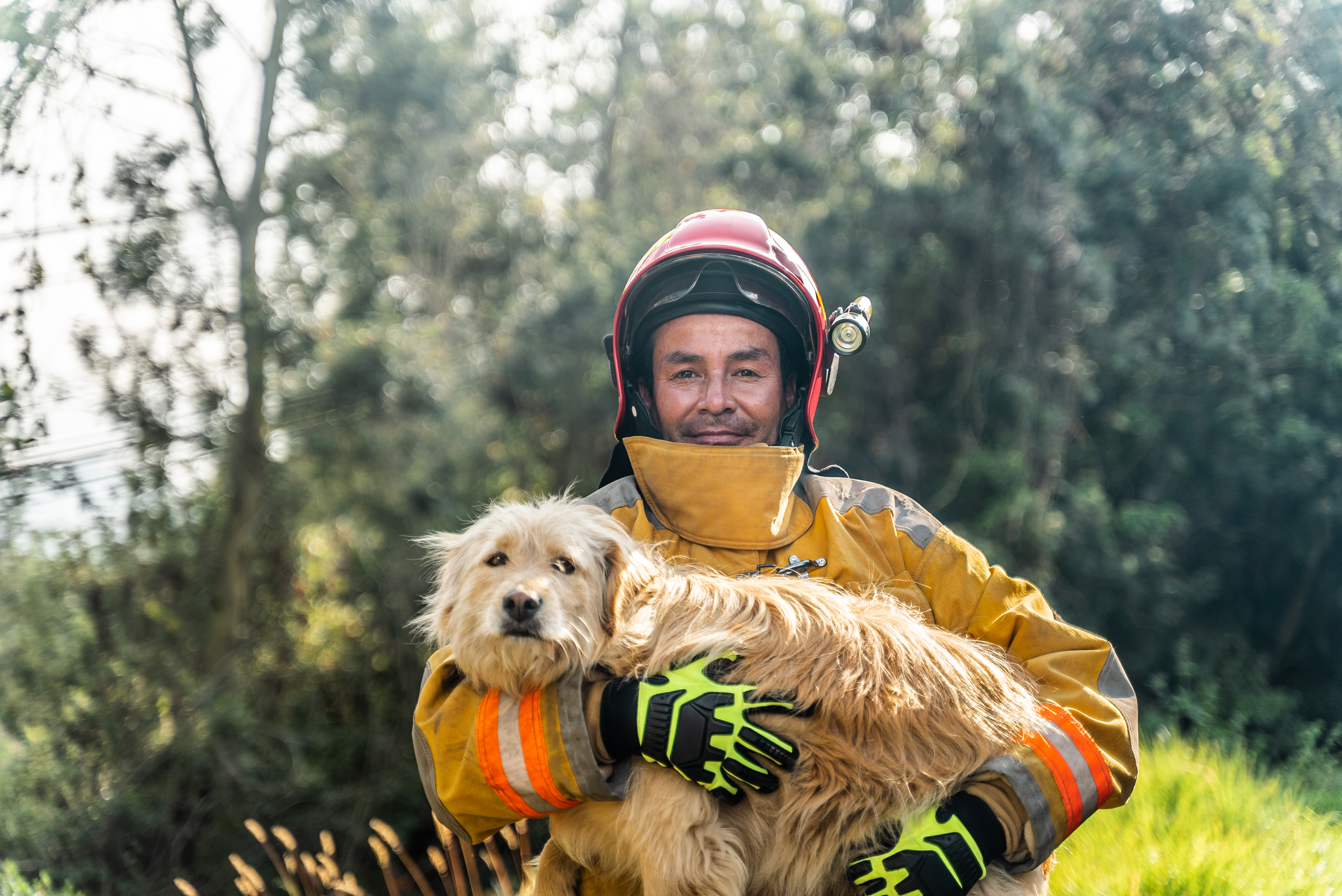 A firefighter with a dog, possible a rescued one.