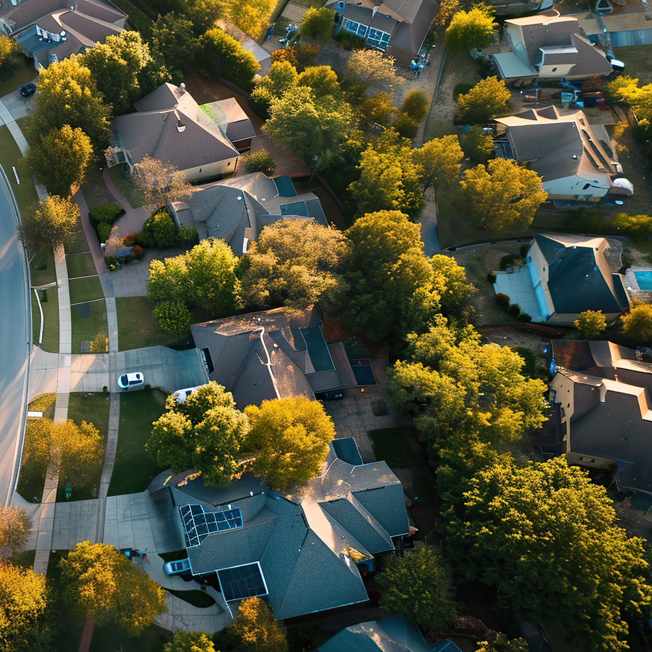 An aerial view of a suburban neighborhood. It features several houses with varying roof styles, surrounded by lush green trees and well-maintained lawns.