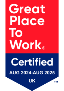 The image shows a certification badge with "Great Place To Work" and "Certified AUG 2024-AUG 2025 USA."