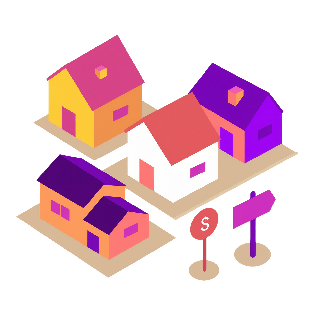 An illustration of a neighborhood with an arrow sign and a sign with a dollar on it indicating home price index.