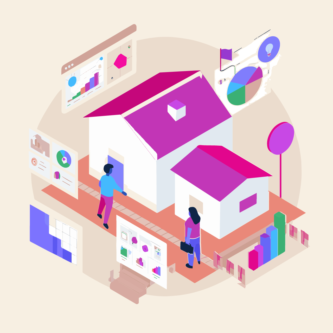 Illustration of a man and woman standing in front of a house with charts and graphs around showing mortgage market analytics.