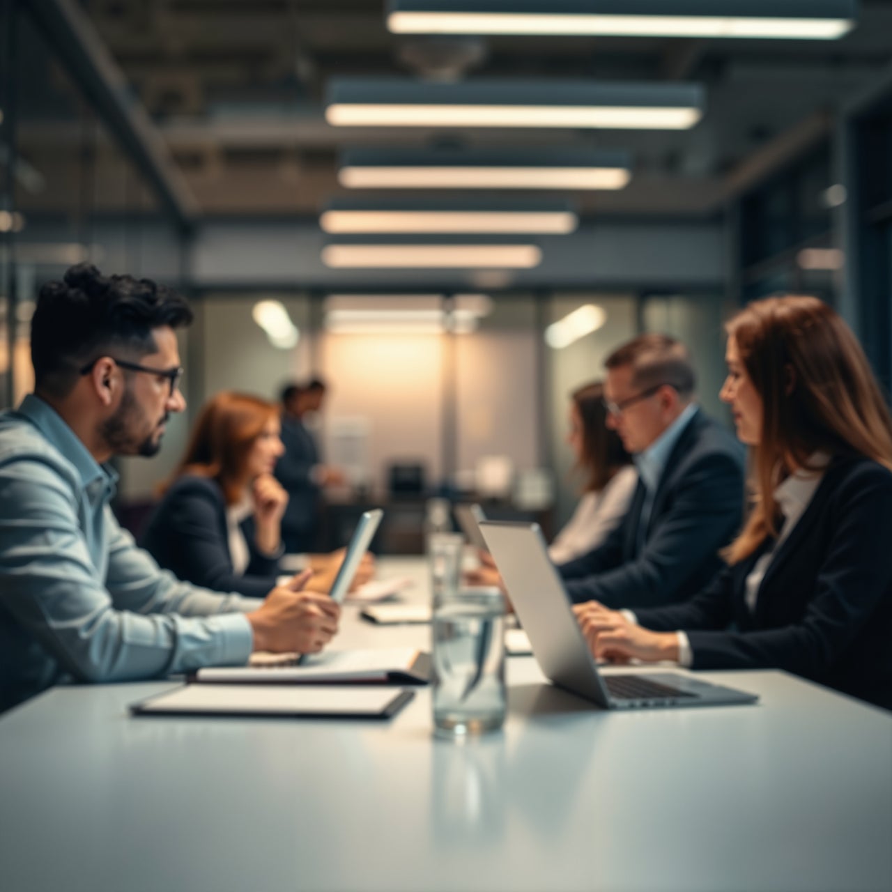 A team of people sitting in a conference room with an overlay illustration of data waves.