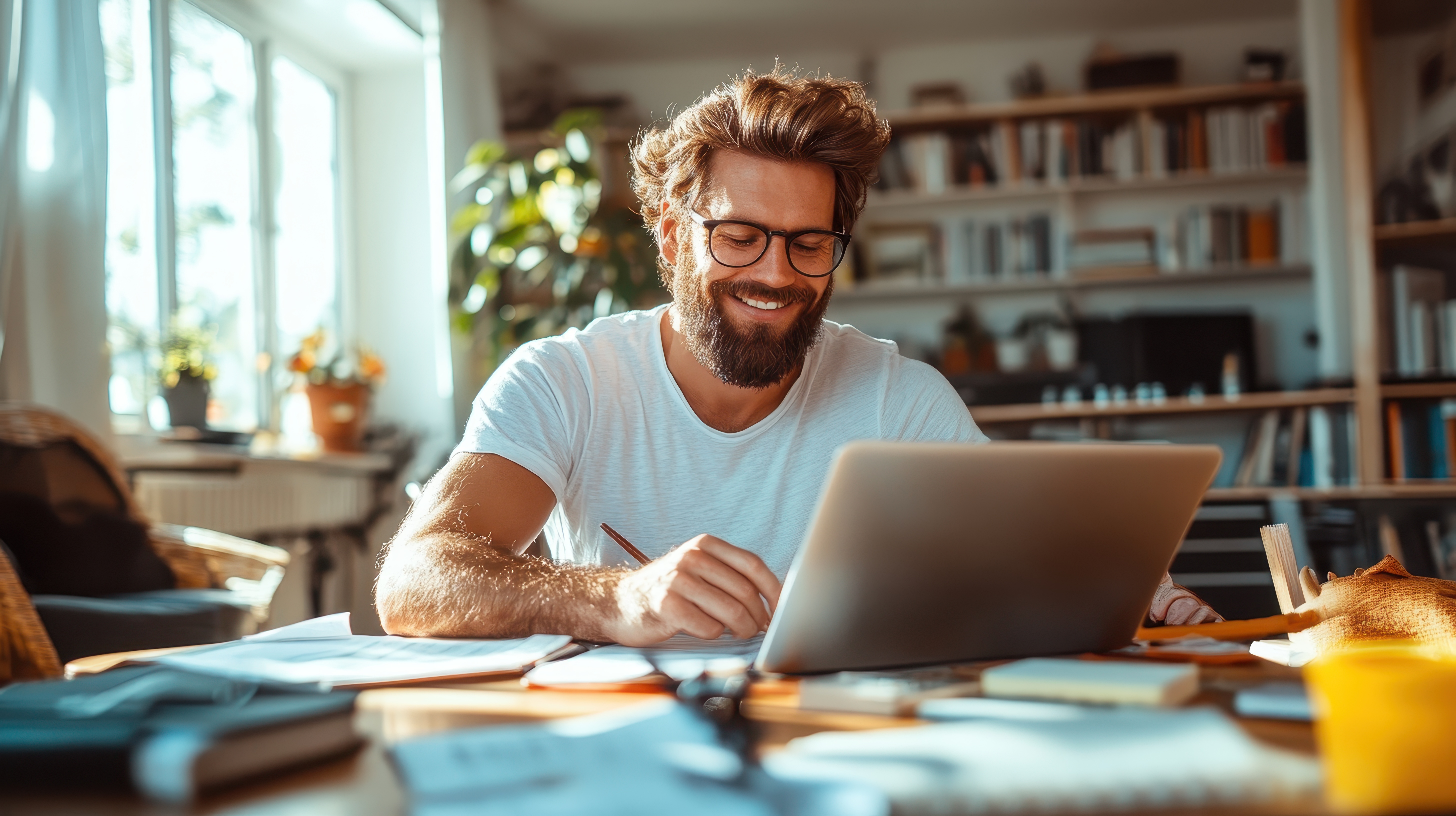 Male real estate agent sitting at a laptop and smiling