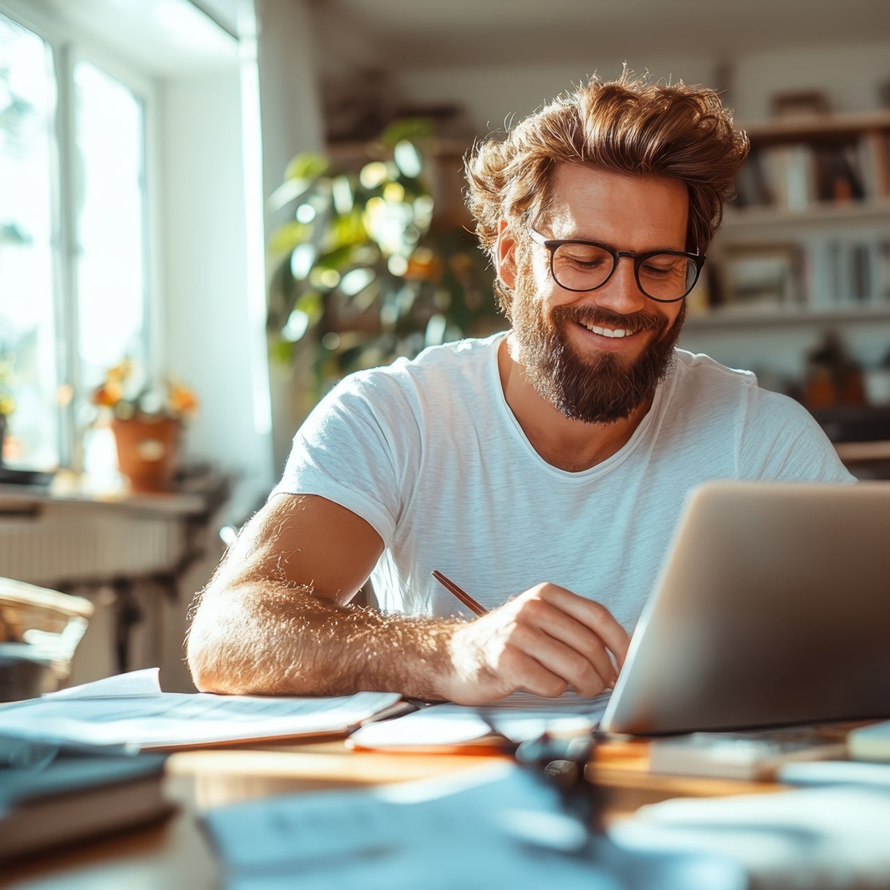 Male real estate agent sitting at a laptop and smiling