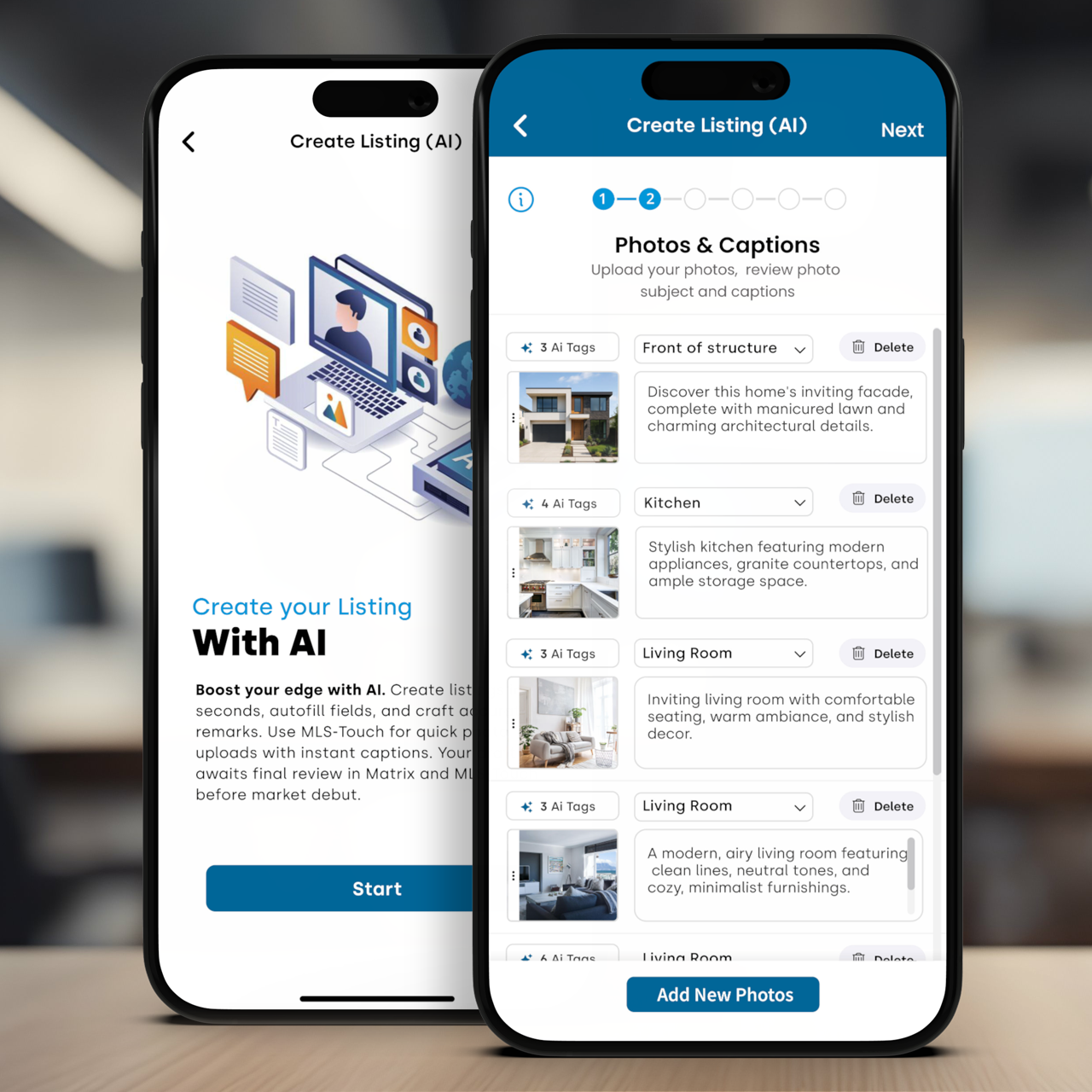 Two devices next two each other with the MLS-touch app loaded, showing the AI features of property listing creation