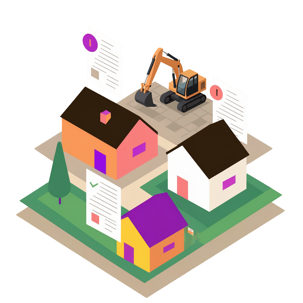 An illustration of a neighborhood with building permit documents and an excavator.