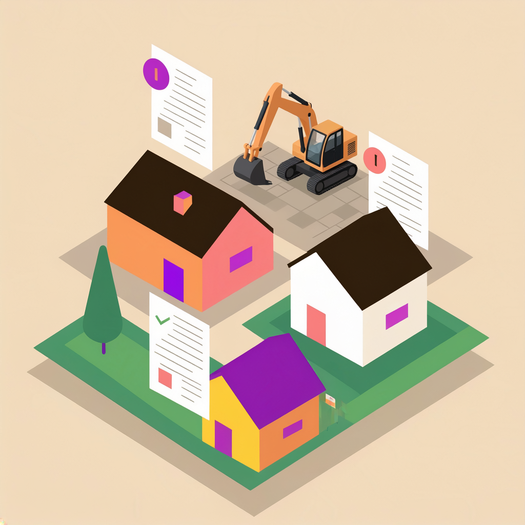 An illustration of a neighborhood with building permit documents and an excavator.