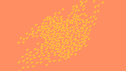A pattern of numerous small yellow triangles arranged in a seemingly random, scattered formation in one direction on an orange background.