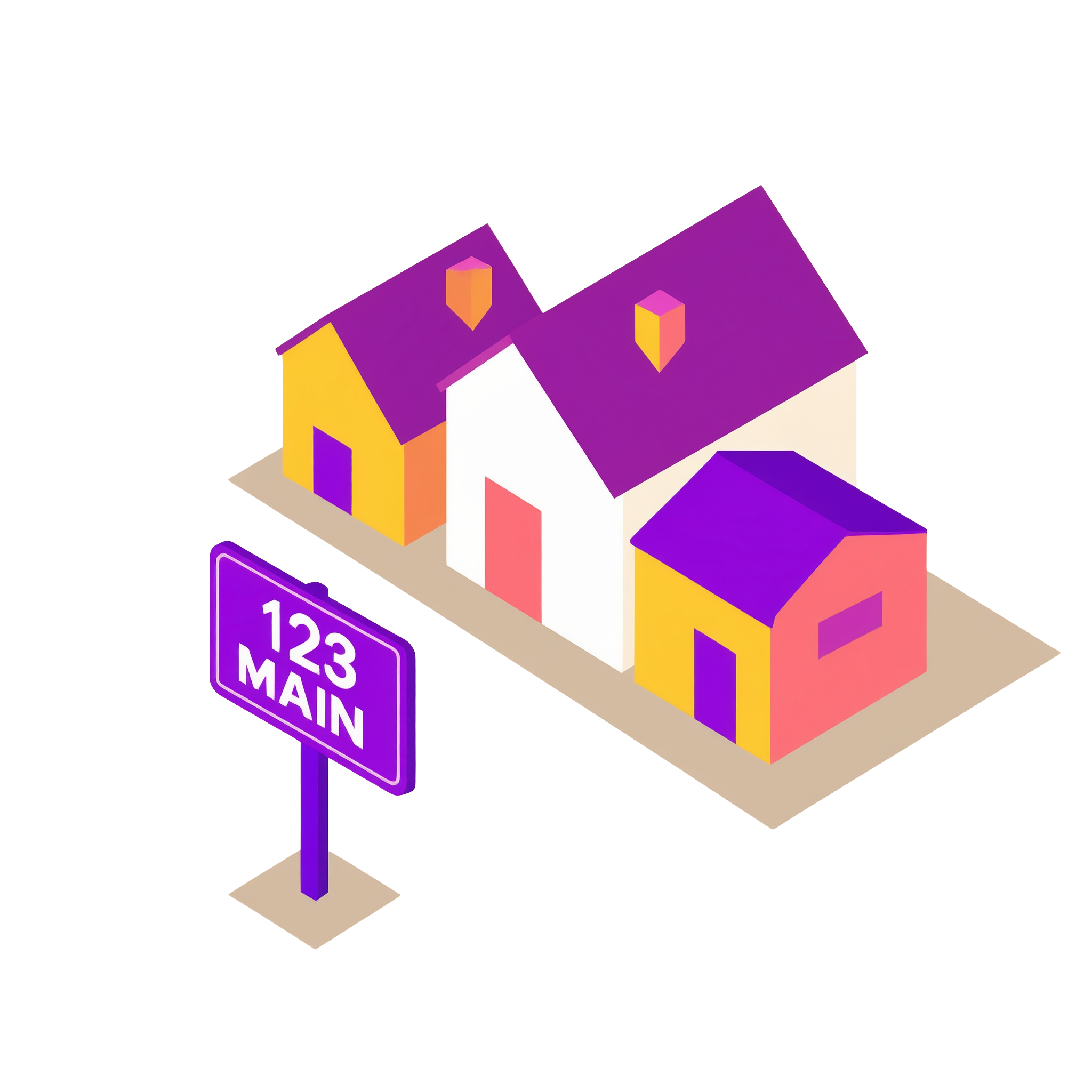 An illustration of a house with the address written on a sign in front of it showcasing address data.