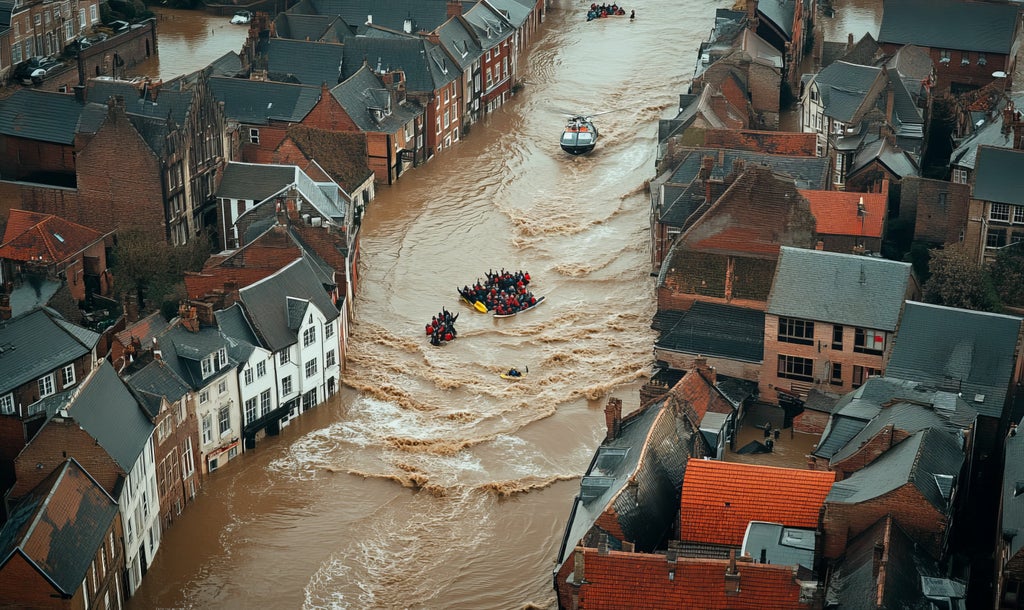 Flooded town with people in boats to illustrate climate risk