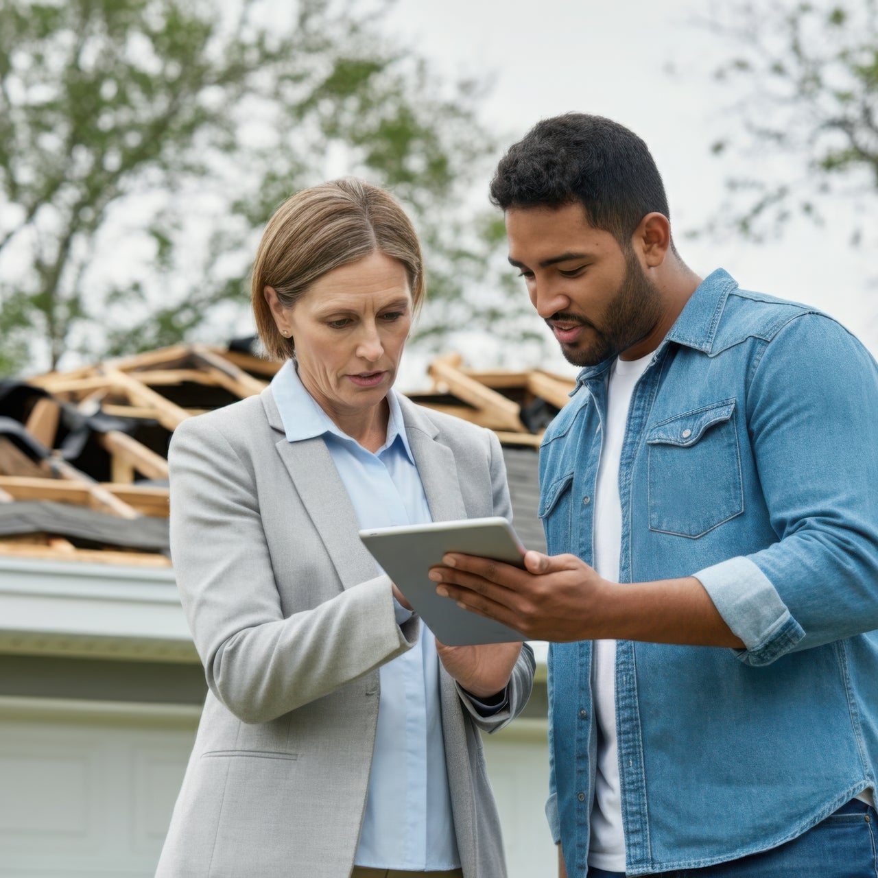 A male and a female, possibly a couple, discussing something about their wooden house under construction.